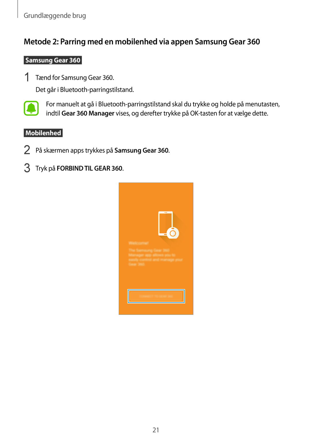 Samsung SM-C200NZWANEE manual Metode 2 Parring med en mobilenhed via appen Samsung Gear 