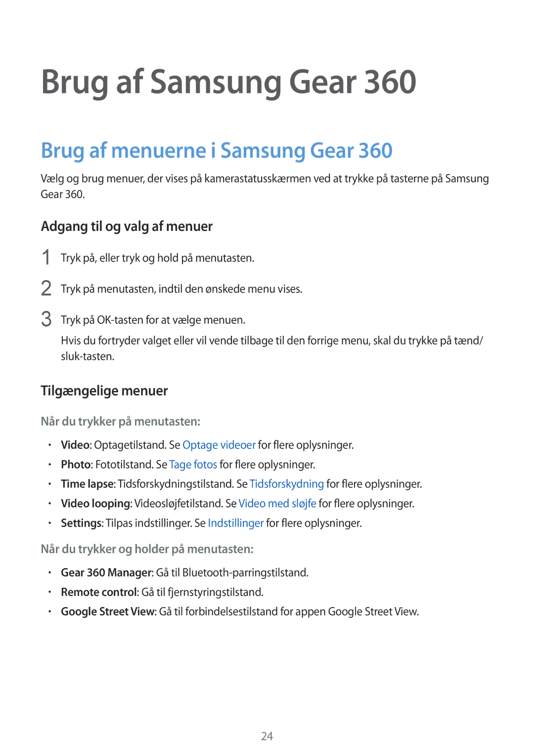 Samsung SM-C200NZWANEE manual Brug af menuerne i Samsung Gear, Adgang til og valg af menuer, Tilgængelige menuer 