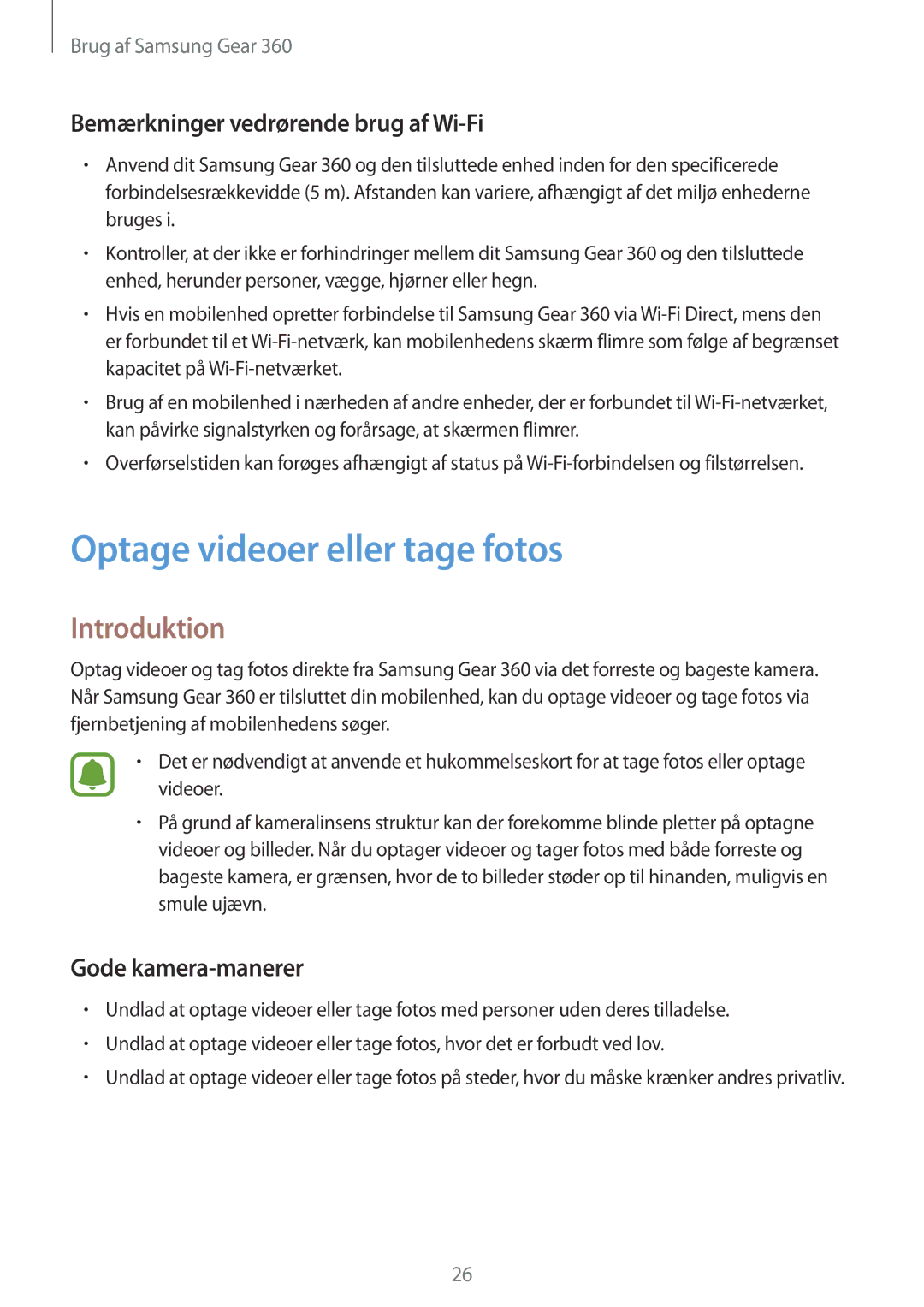 Samsung SM-C200NZWANEE manual Optage videoer eller tage fotos, Introduktion, Bemærkninger vedrørende brug af Wi-Fi 