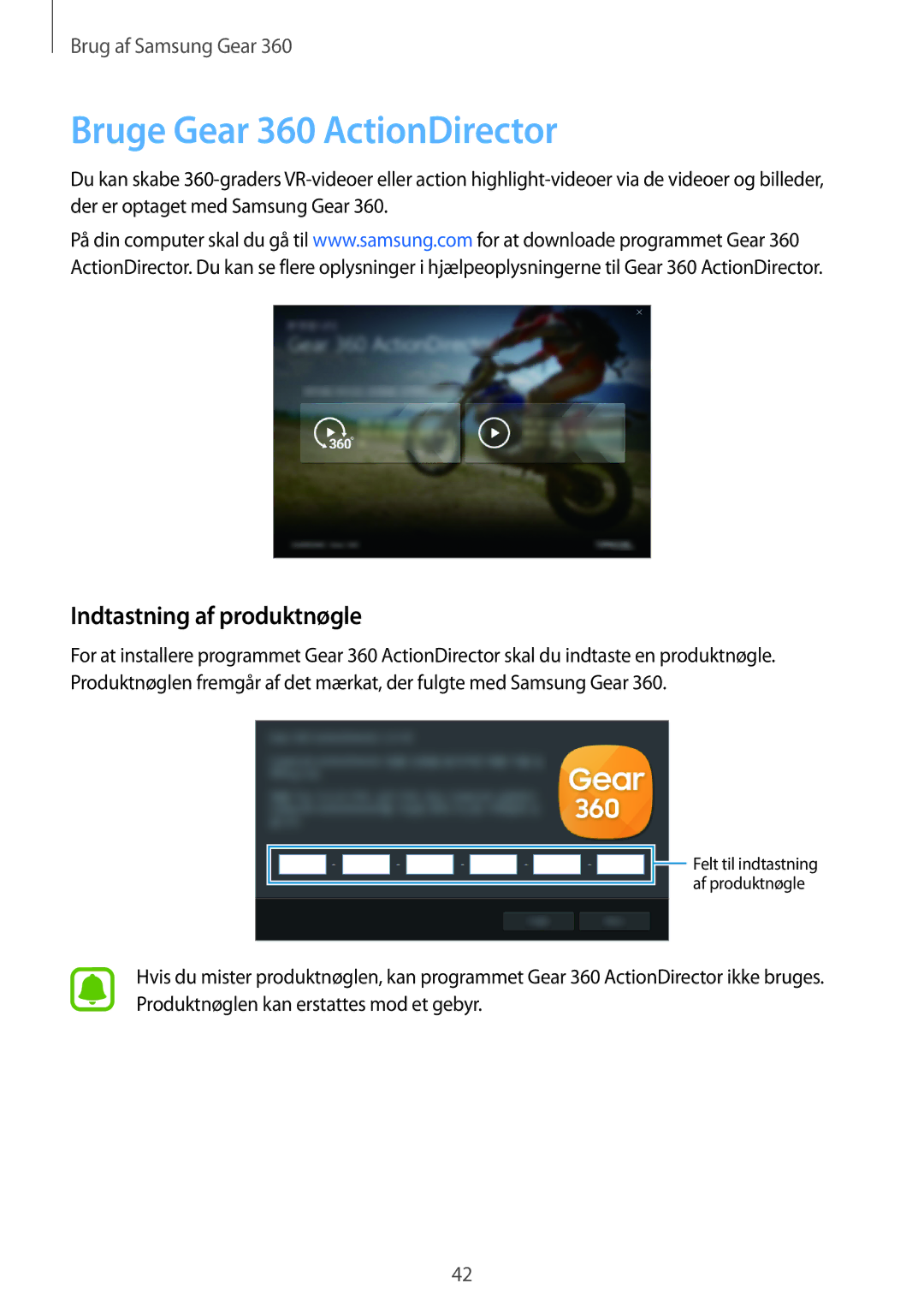 Samsung SM-C200NZWANEE manual Bruge Gear 360 ActionDirector, Indtastning af produktnøgle 