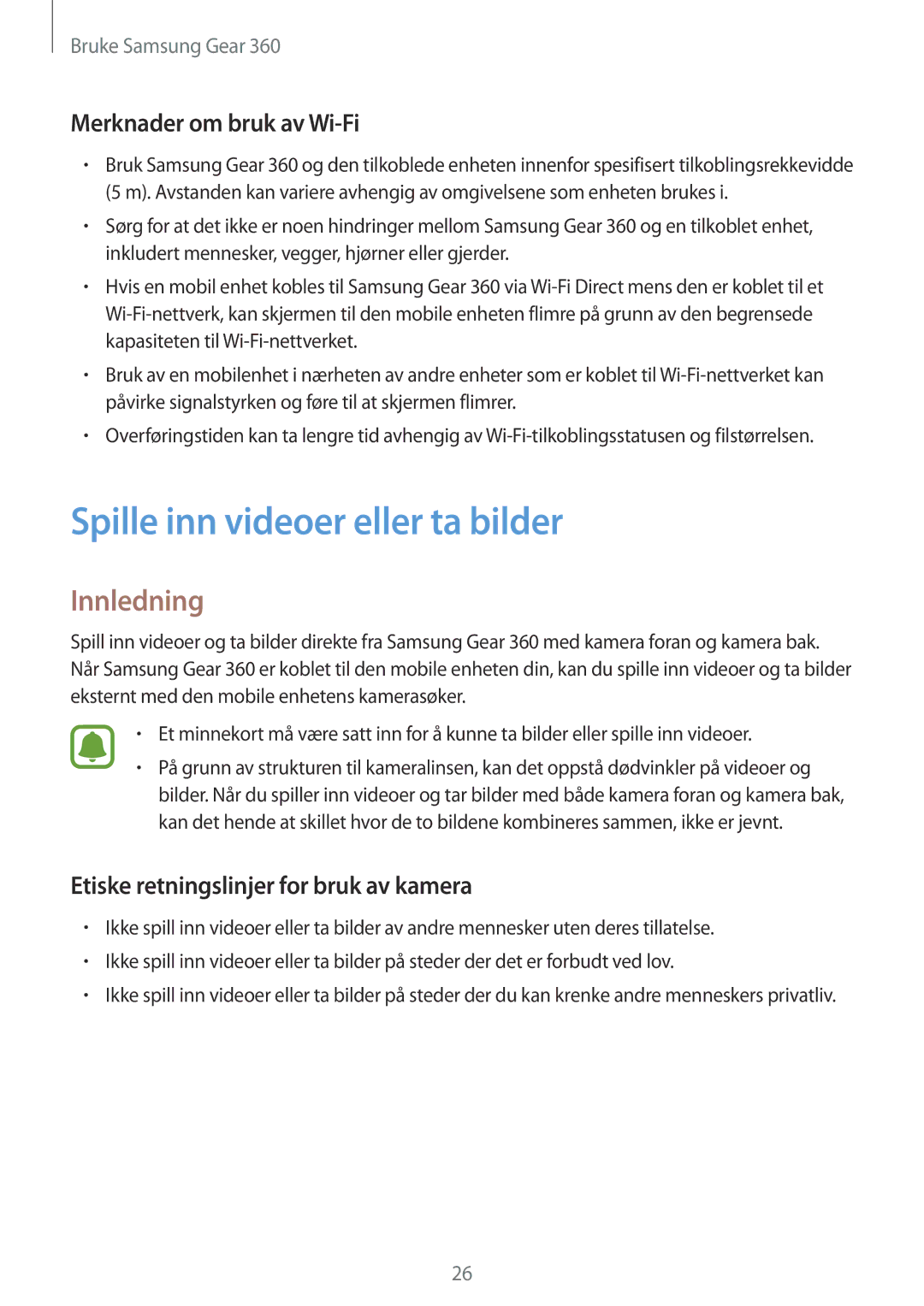 Samsung SM-C200NZWANEE manual Spille inn videoer eller ta bilder, Innledning, Merknader om bruk av Wi-Fi 