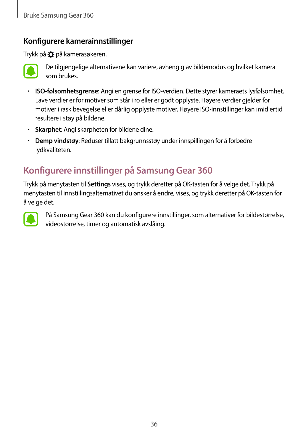 Samsung SM-C200NZWANEE manual Konfigurere innstillinger på Samsung Gear, Konfigurere kamerainnstillinger 