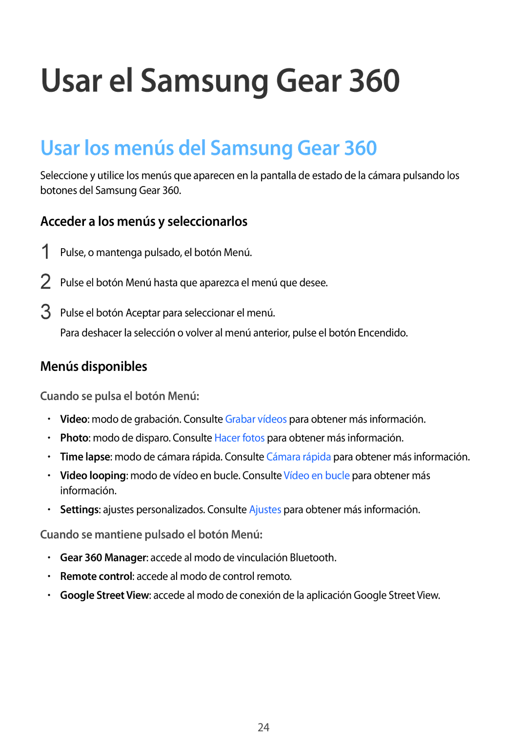 Samsung SM-C200NZWAPHE manual Usar los menús del Samsung Gear, Acceder a los menús y seleccionarlos, Menús disponibles 