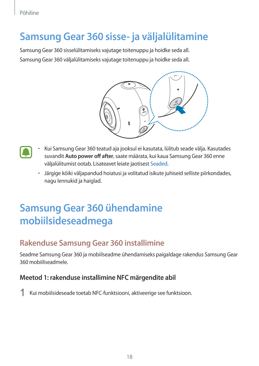 Samsung SM-C200NZWASEB manual Samsung Gear 360 sisse- ja väljalülitamine, Rakenduse Samsung Gear 360 installimine 