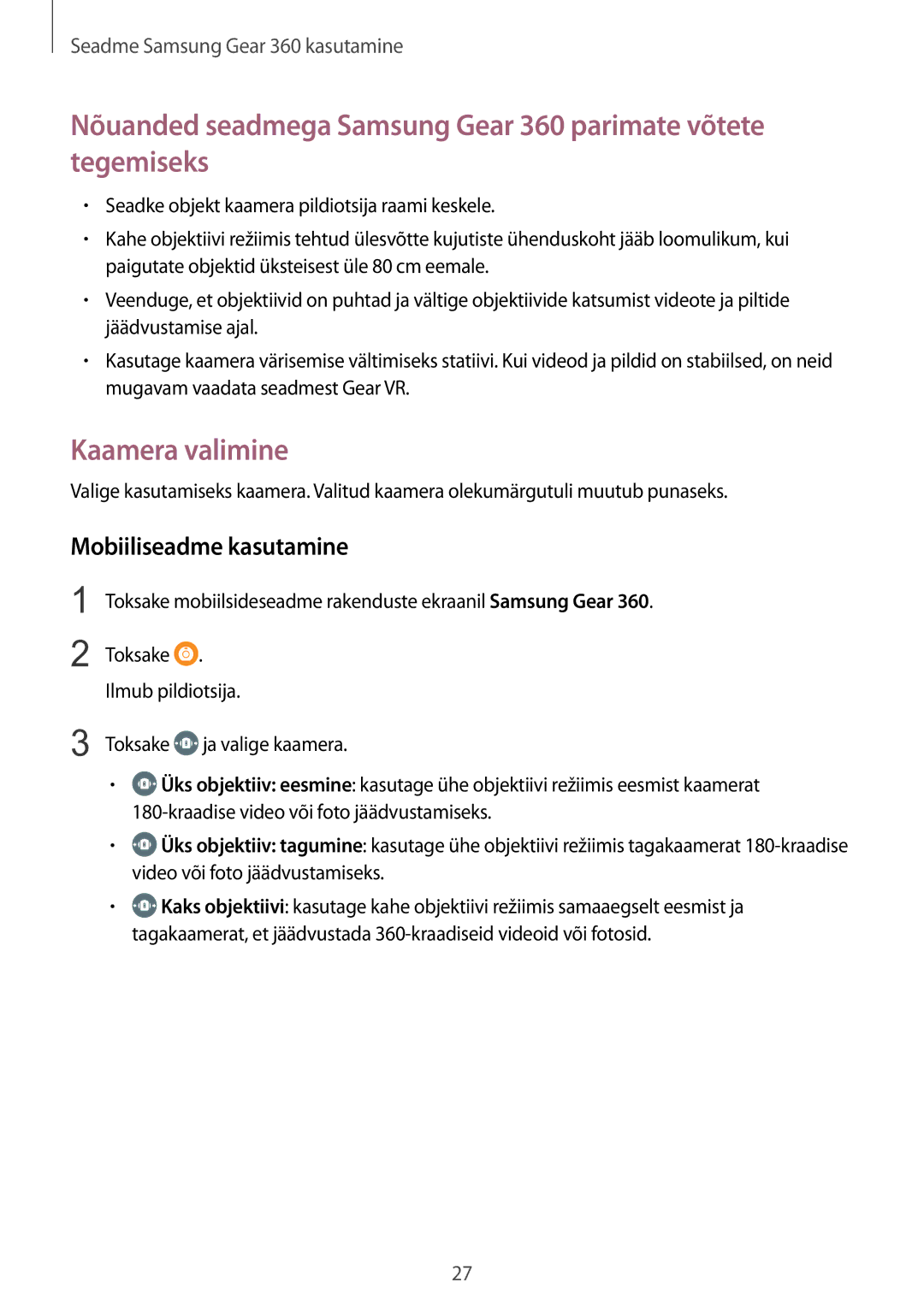 Samsung SM-C200NZWASEB manual Kaamera valimine, Mobiiliseadme kasutamine 