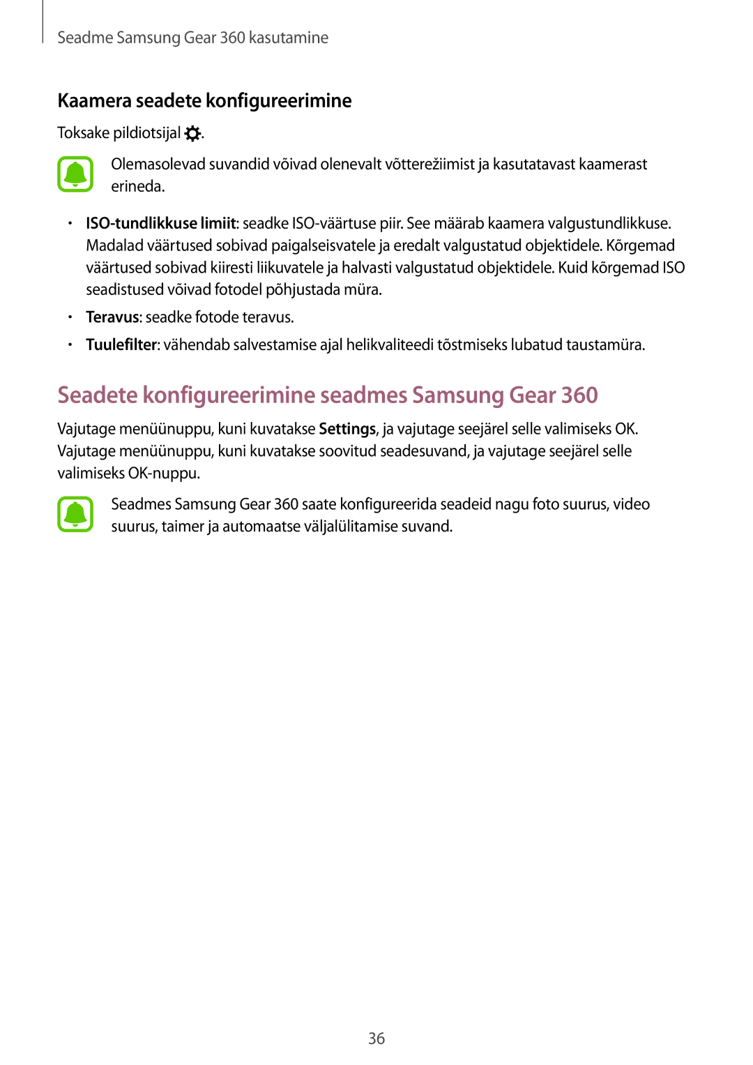 Samsung SM-C200NZWASEB manual Seadete konfigureerimine seadmes Samsung Gear, Kaamera seadete konfigureerimine 