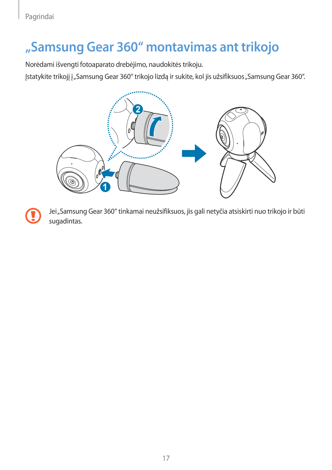 Samsung SM-C200NZWASEB manual „Samsung Gear 360 montavimas ant trikojo 