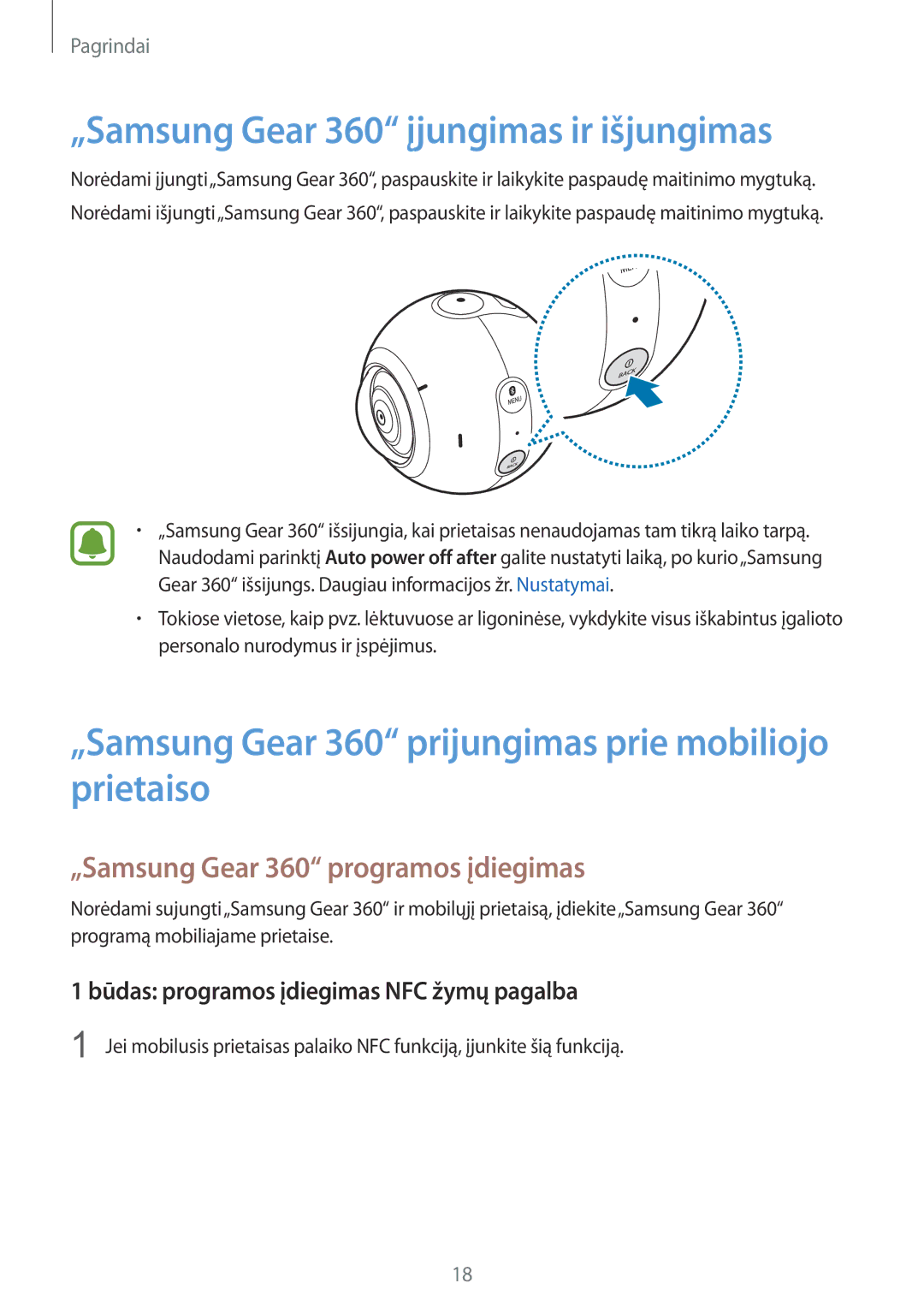 Samsung SM-C200NZWASEB „Samsung Gear 360 įjungimas ir išjungimas, „Samsung Gear 360 prijungimas prie mobiliojo prietaiso 