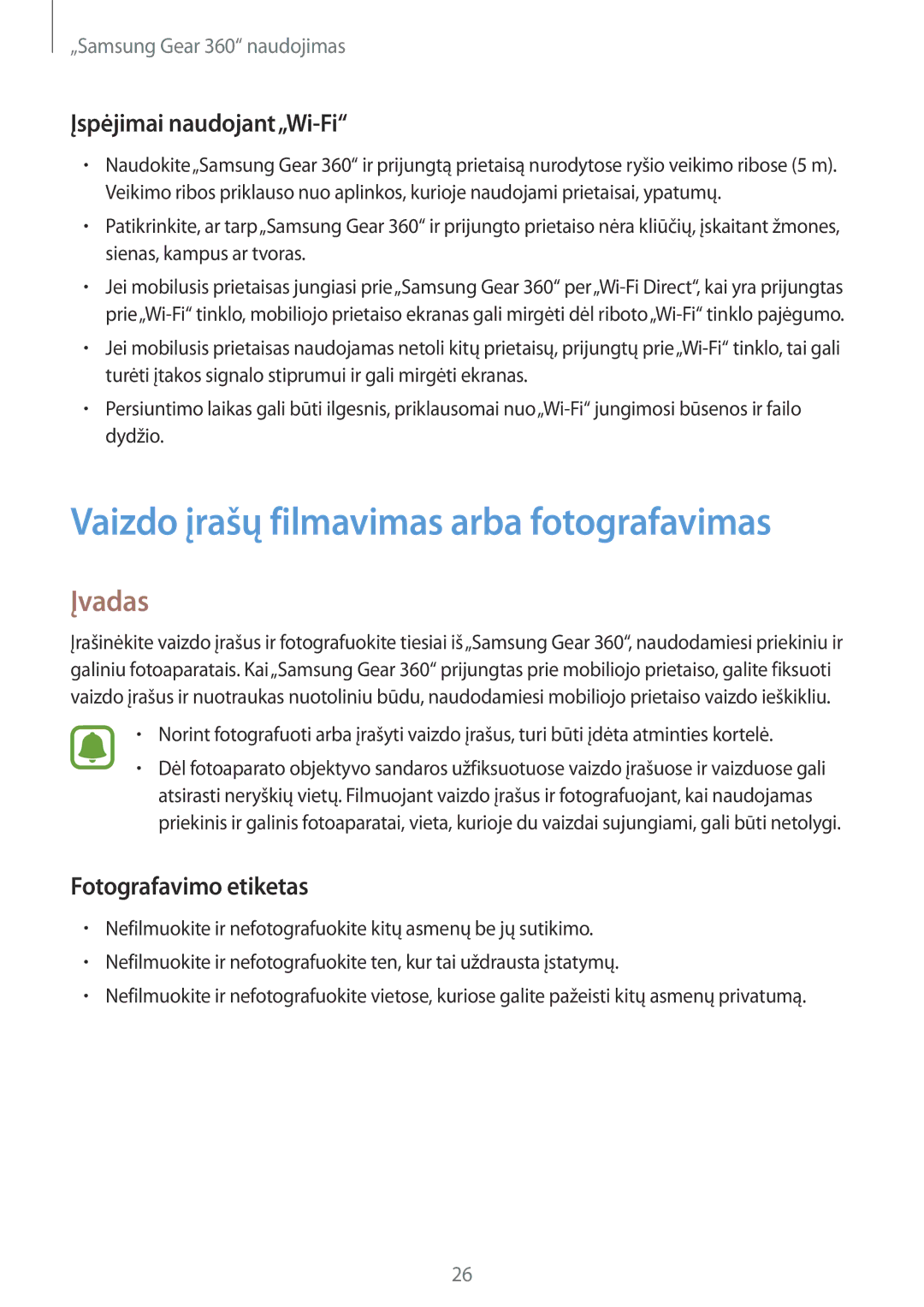 Samsung SM-C200NZWASEB manual Vaizdo įrašų filmavimas arba fotografavimas, Įvadas, Įspėjimai naudojant„Wi-Fi 