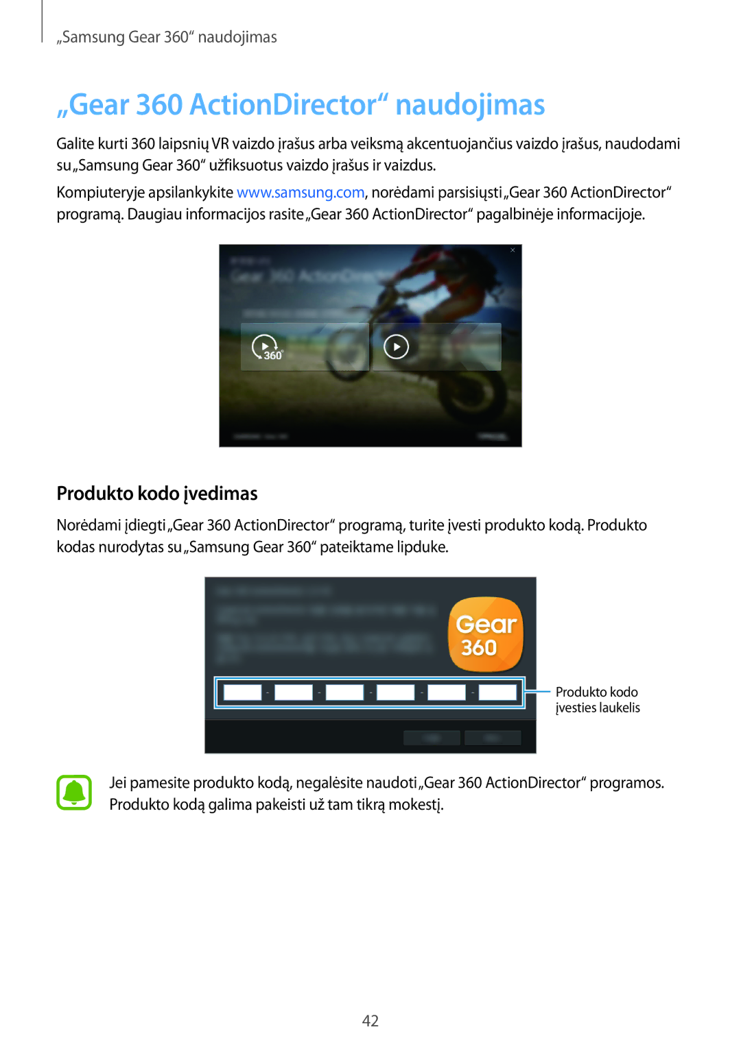 Samsung SM-C200NZWASEB manual „Gear 360 ActionDirector naudojimas, Produkto kodo įvedimas 