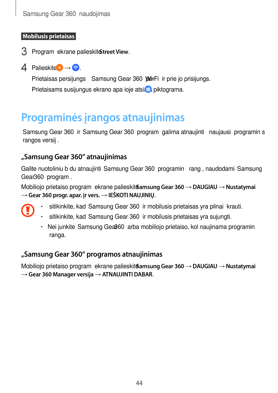 Samsung SM-C200NZWASEB manual Programinės įrangos atnaujinimas, „Samsung Gear 360 atnaujinimas 