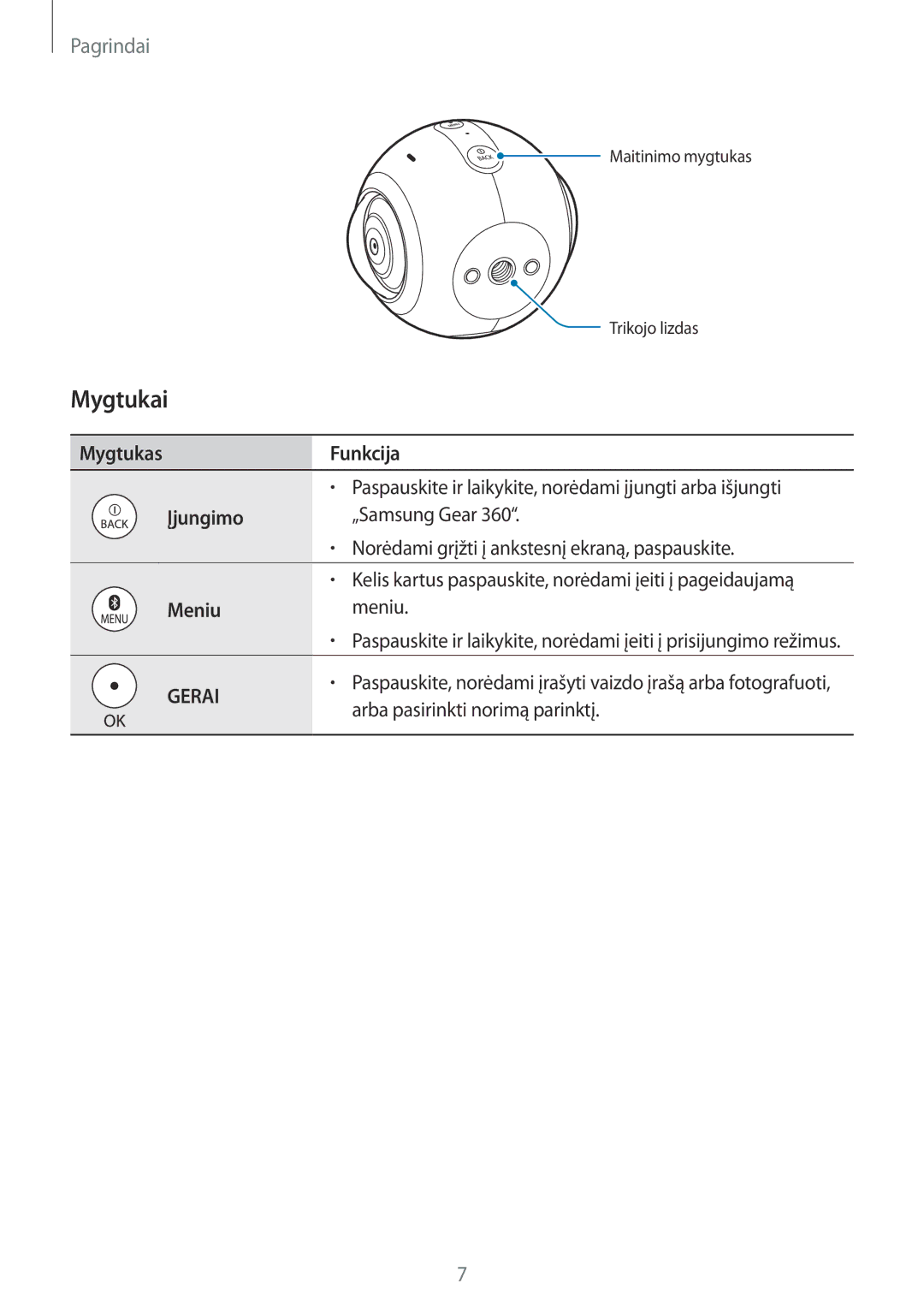 Samsung SM-C200NZWASEB manual Mygtukai, Funkcija, Įjungimo, Meniu 