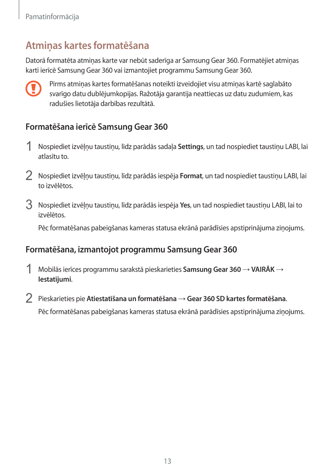 Samsung SM-C200NZWASEB manual Atmiņas kartes formatēšana, Formatēšana ierīcē Samsung Gear, Iestatījumi 