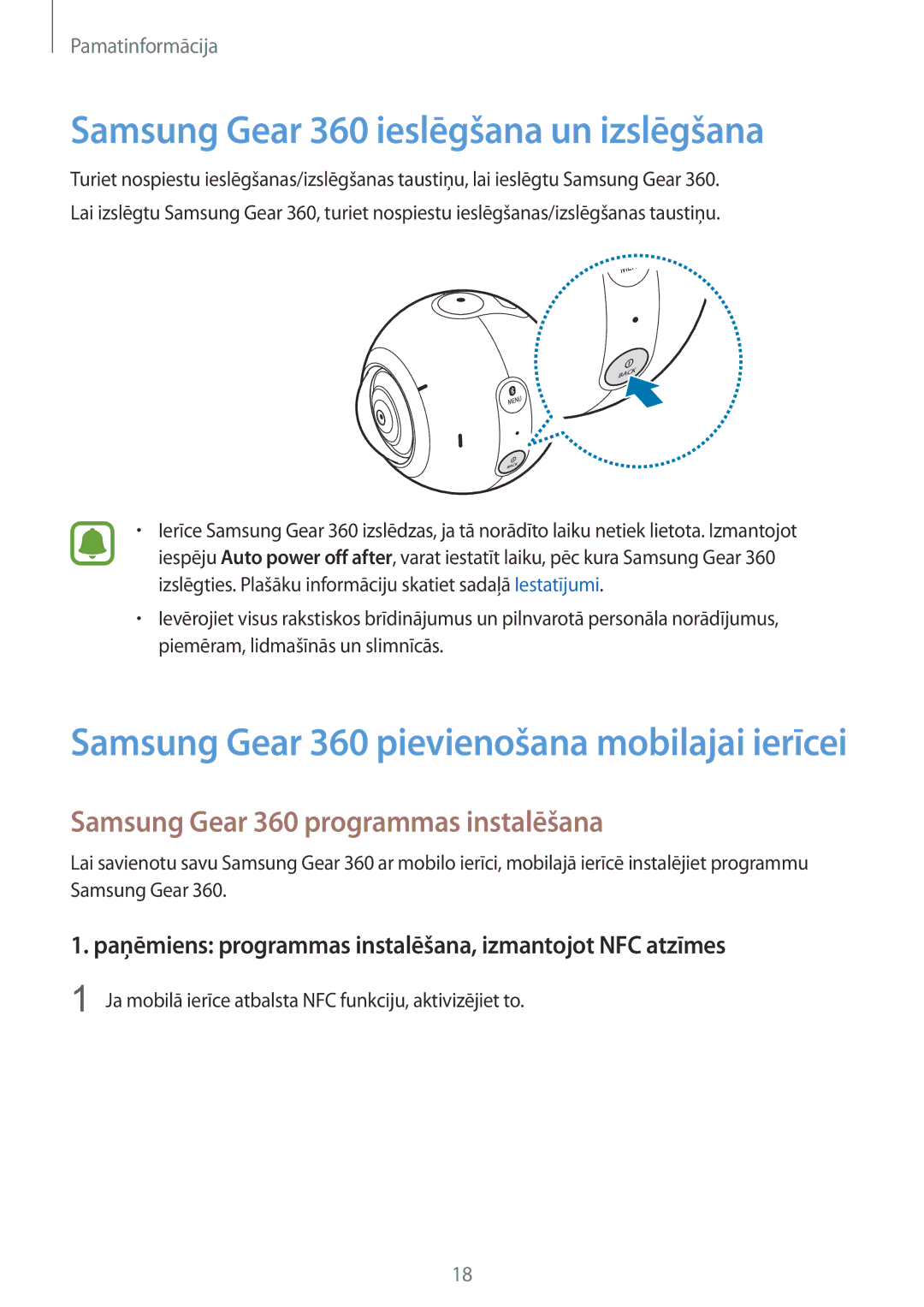 Samsung SM-C200NZWASEB manual Samsung Gear 360 ieslēgšana un izslēgšana, Samsung Gear 360 programmas instalēšana 