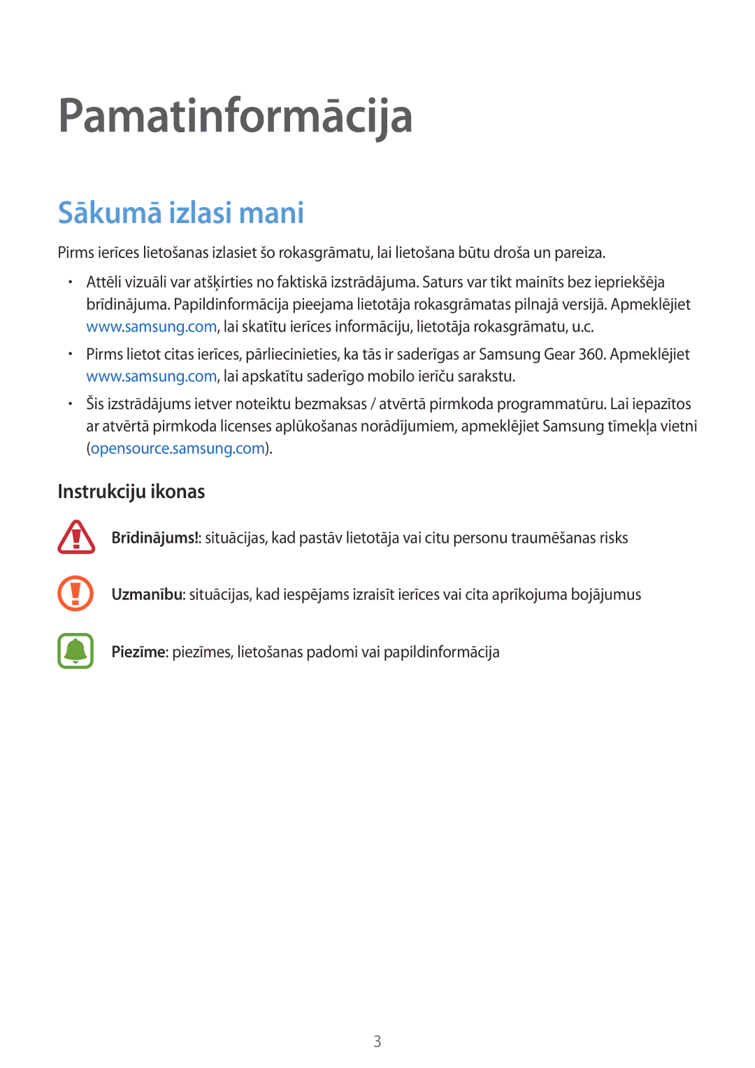 Samsung SM-C200NZWASEB manual Sākumā izlasi mani, Instrukciju ikonas 