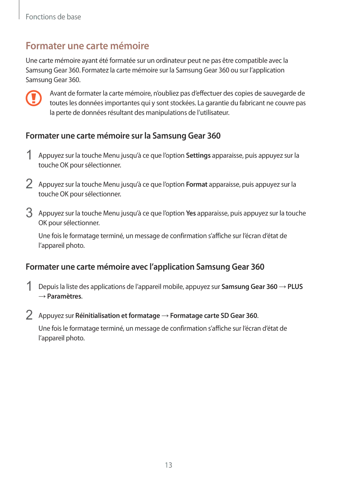 Samsung SM-C200NZWAXEF manual Formater une carte mémoire sur la Samsung Gear 