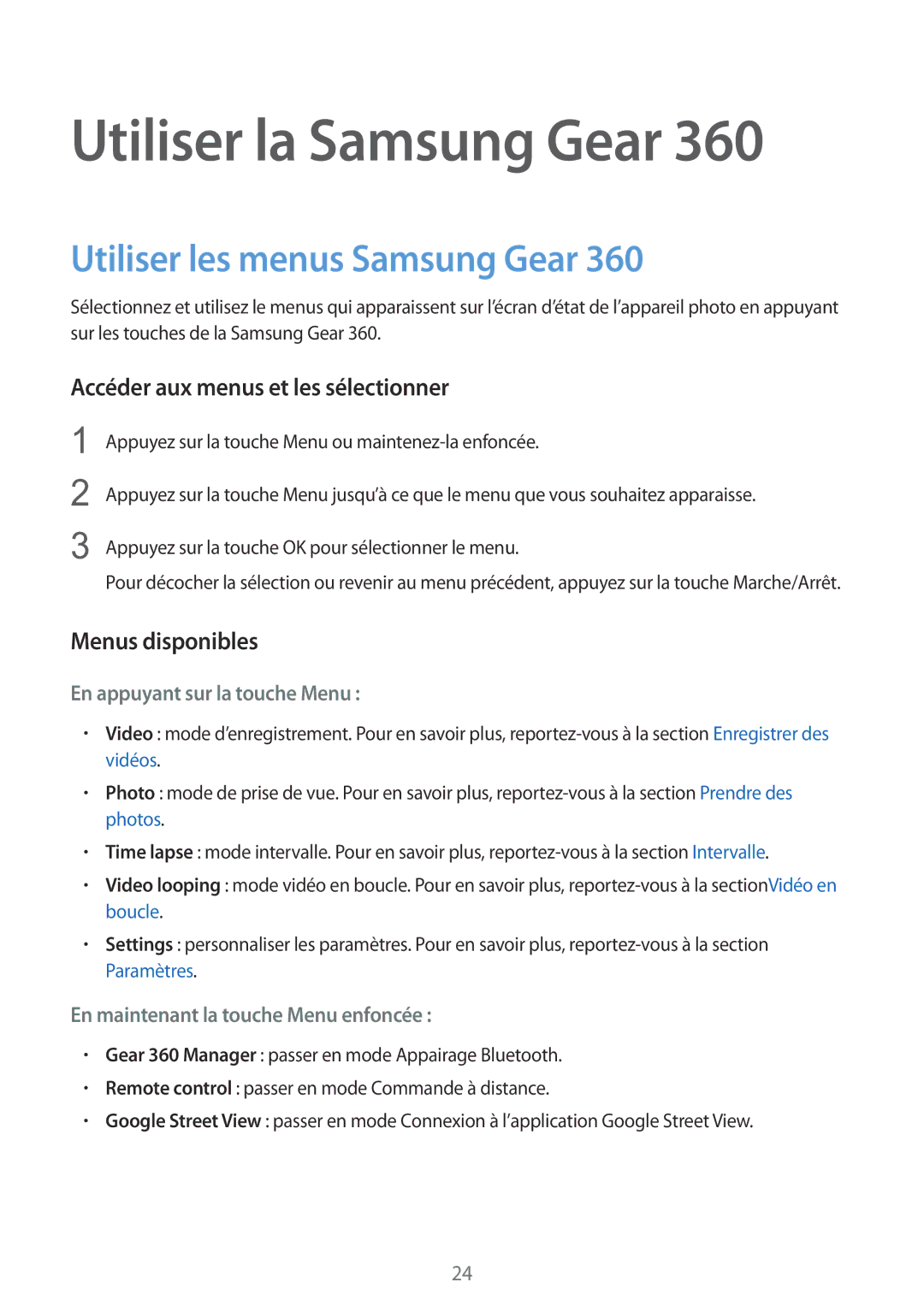 Samsung SM-C200NZWAXEF manual Utiliser les menus Samsung Gear, Accéder aux menus et les sélectionner, Menus disponibles 