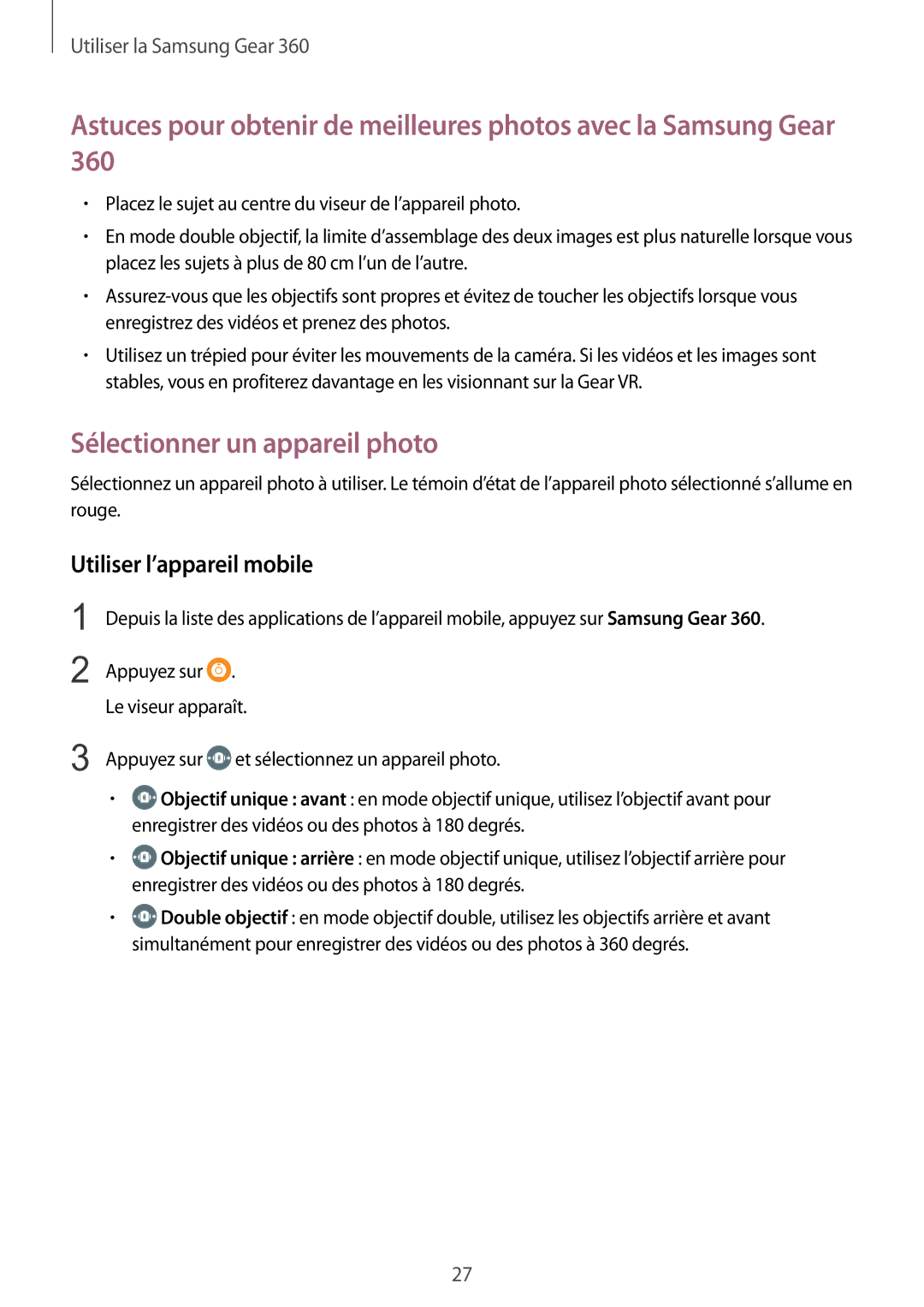 Samsung SM-C200NZWAXEF manual Sélectionner un appareil photo, Utiliser l’appareil mobile 