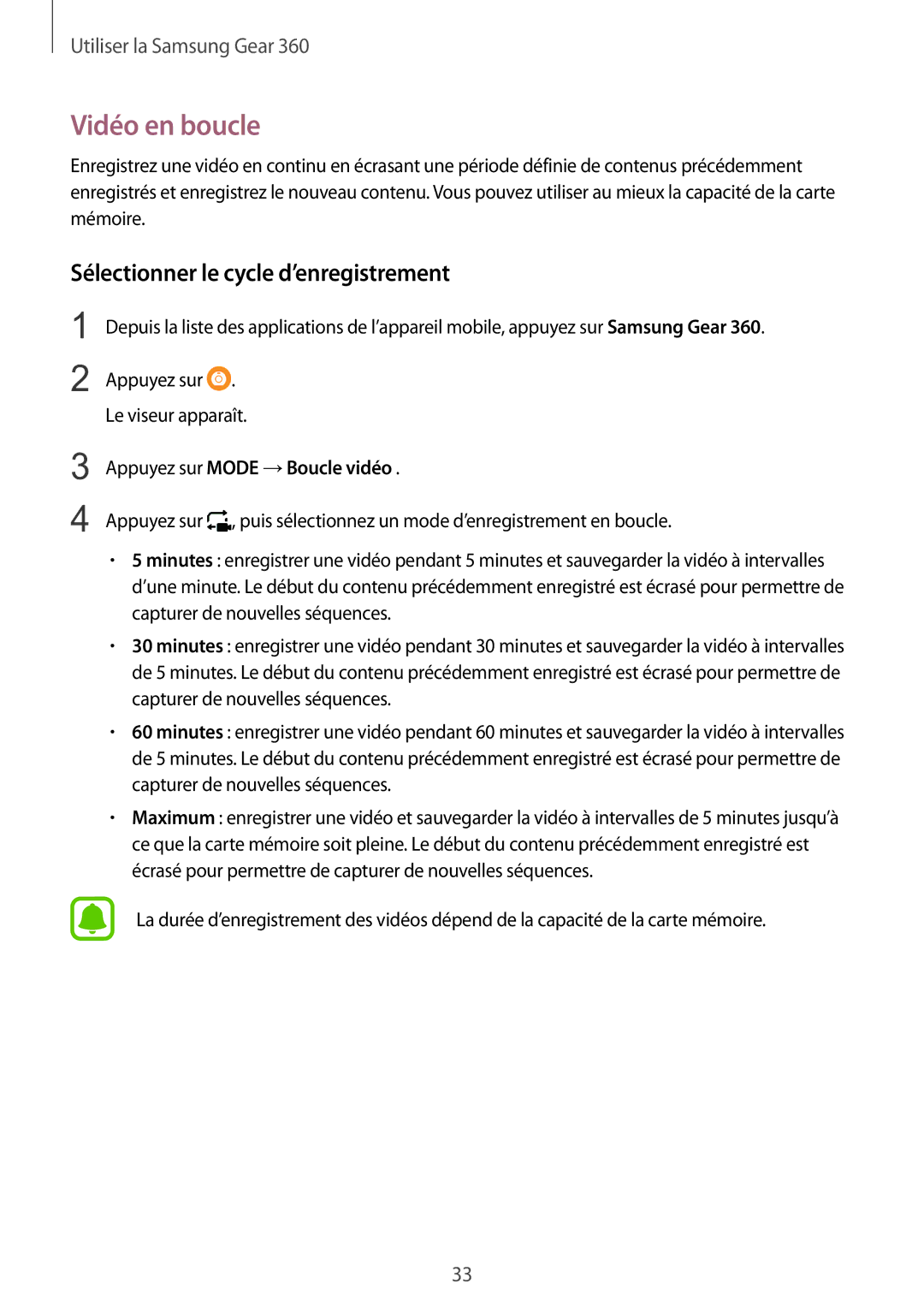 Samsung SM-C200NZWAXEF manual Vidéo en boucle, Sélectionner le cycle d’enregistrement 