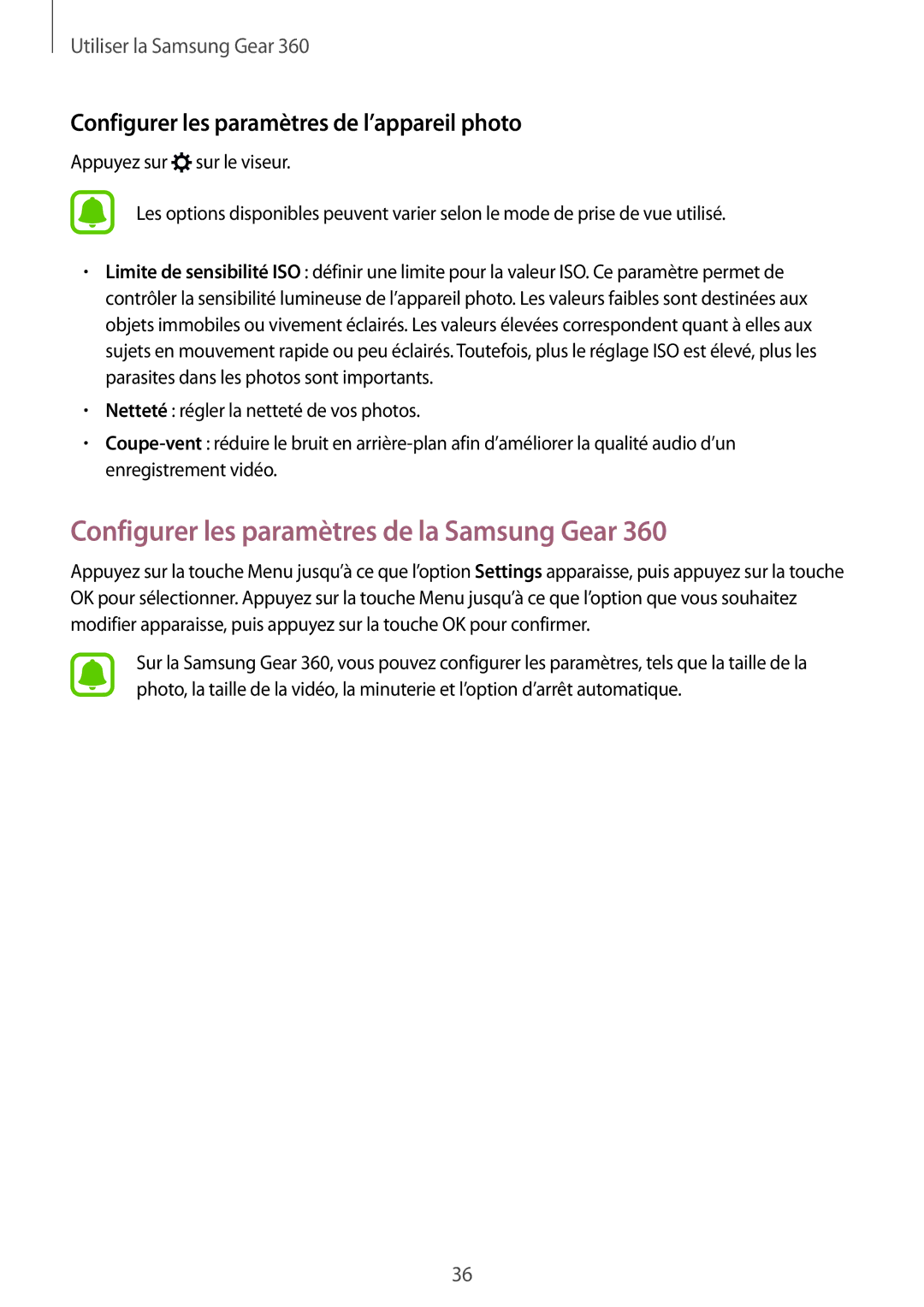 Samsung SM-C200NZWAXEF manual Configurer les paramètres de la Samsung Gear, Configurer les paramètres de l’appareil photo 