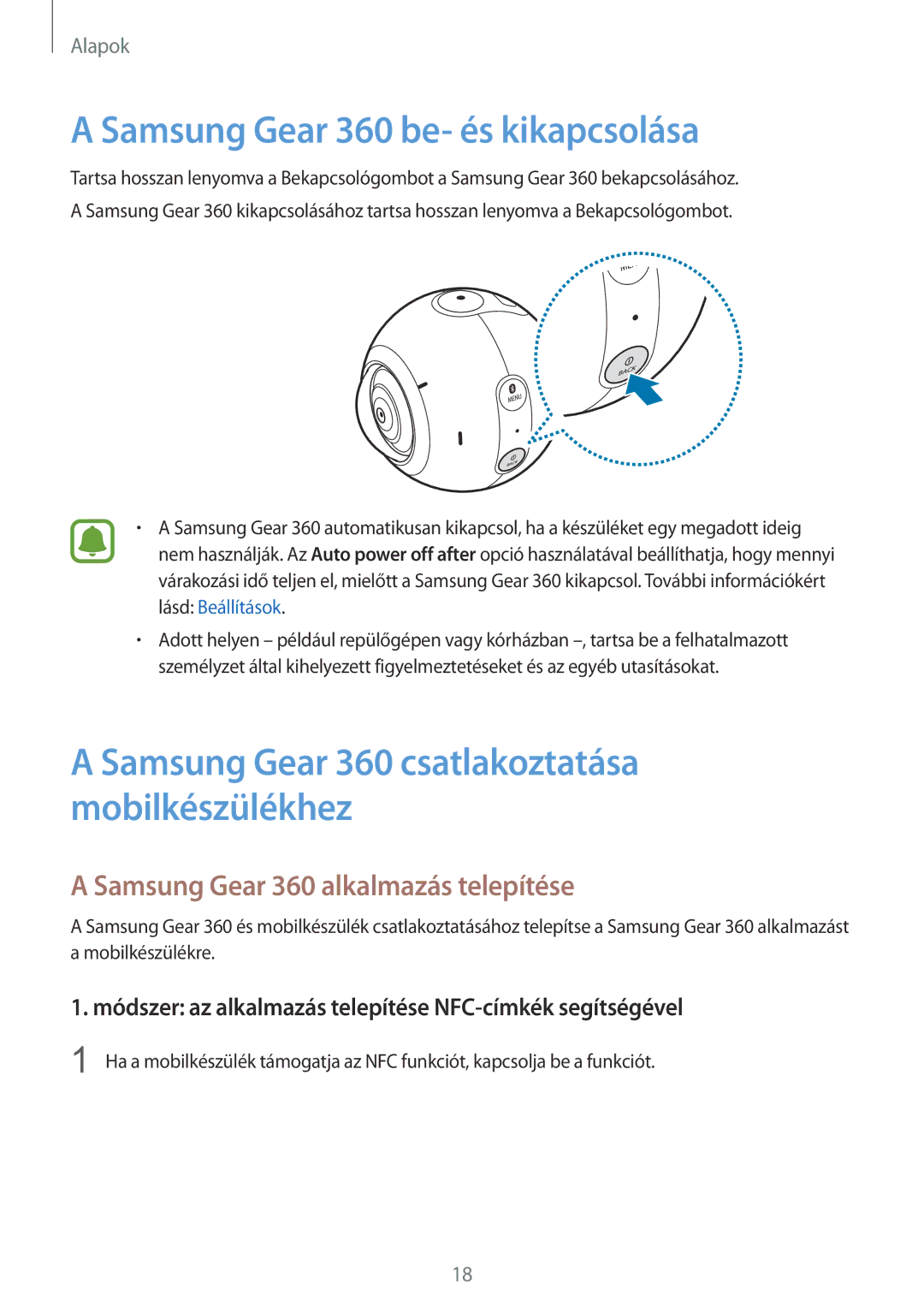 Samsung SM-C200NZWAXEH manual Samsung Gear 360 be- és kikapcsolása, Samsung Gear 360 alkalmazás telepítése 