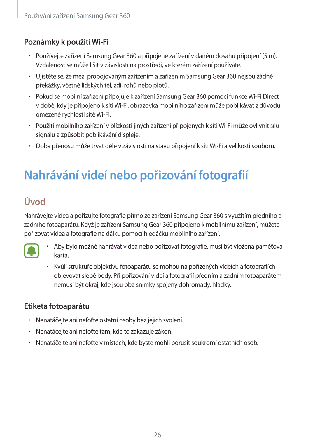 Samsung SM-C200NZWAXEZ Nahrávání videí nebo pořizování fotografií, Úvod, Poznámky k použití Wi-Fi, Etiketa fotoaparátu 