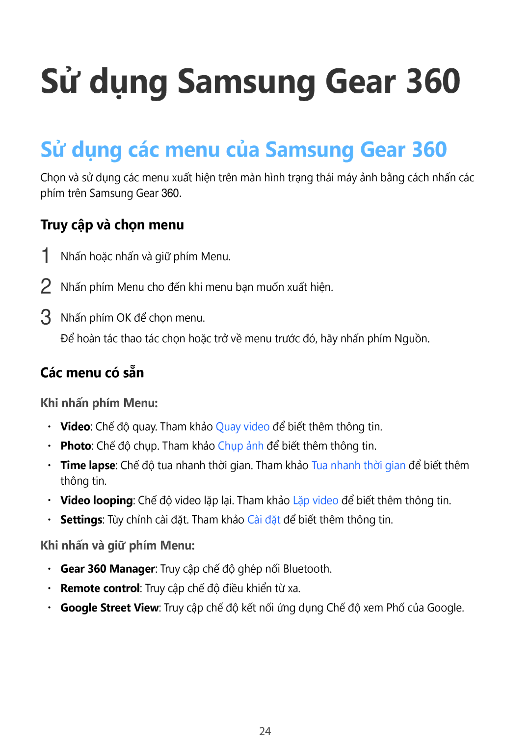 Samsung SM-C200NZWAXXV manual Sử dụng các menu của Samsung Gear, Truy cập và chọn menu, Các menu có sẵn 