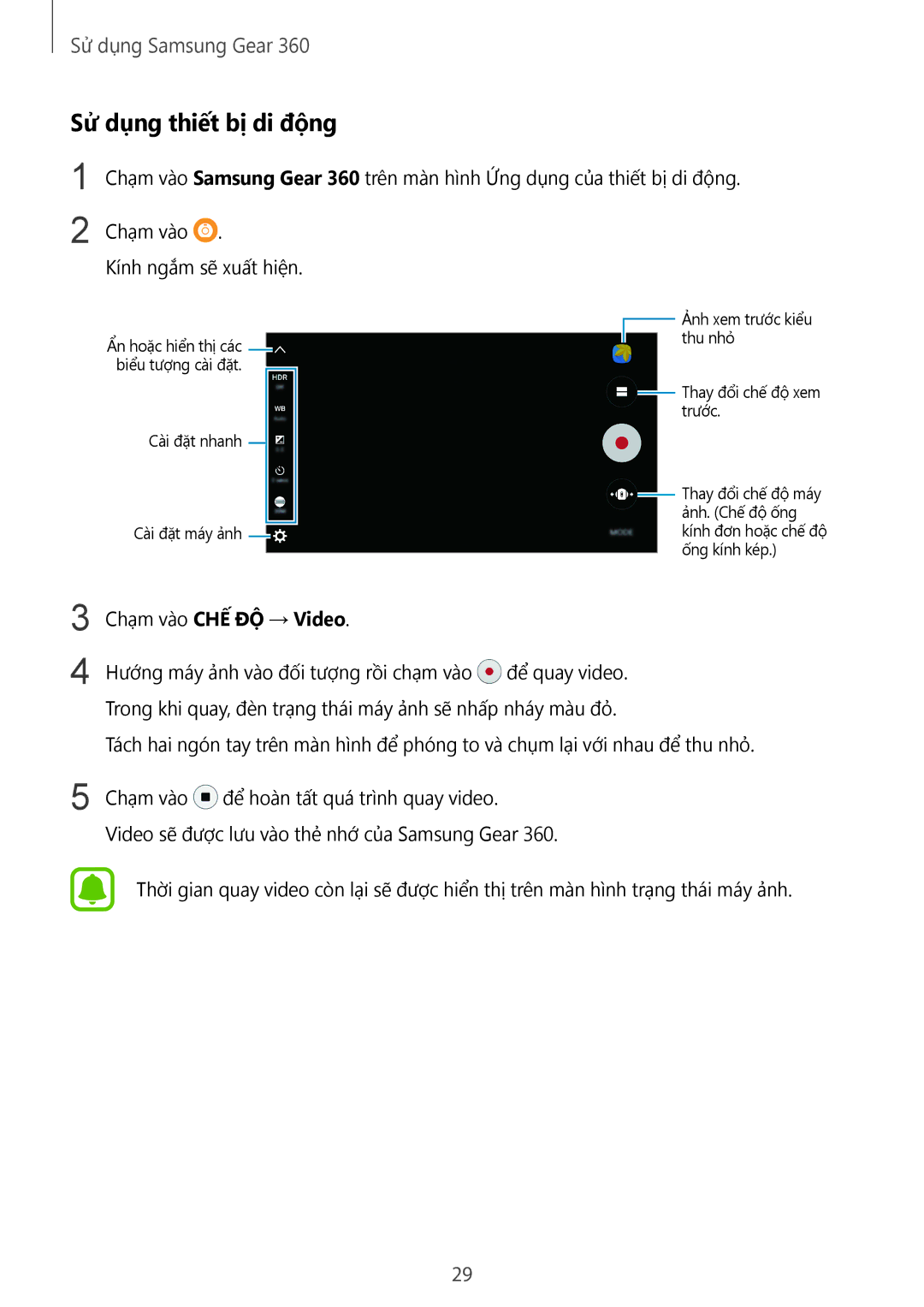Samsung SM-C200NZWAXXV manual Chạm vào CHẾ ĐỘ → Video 