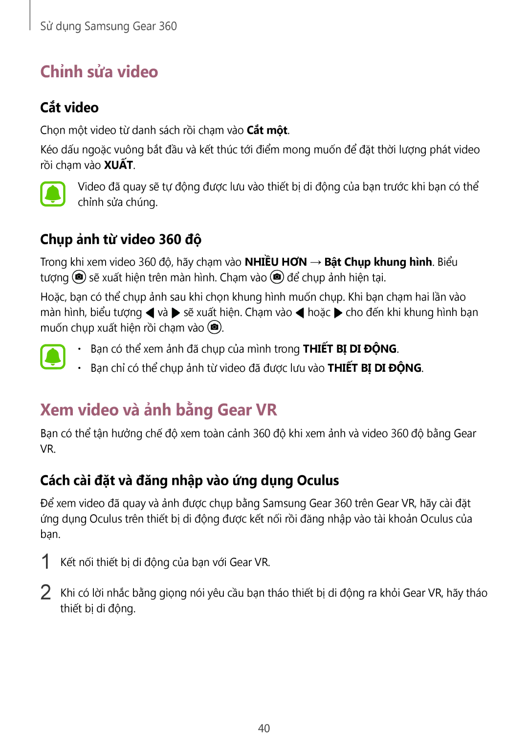 Samsung SM-C200NZWAXXV manual Chỉnh sửa video, Xem video và ảnh bằng Gear VR, Cắt video, Chụp ảnh từ video 360 độ 