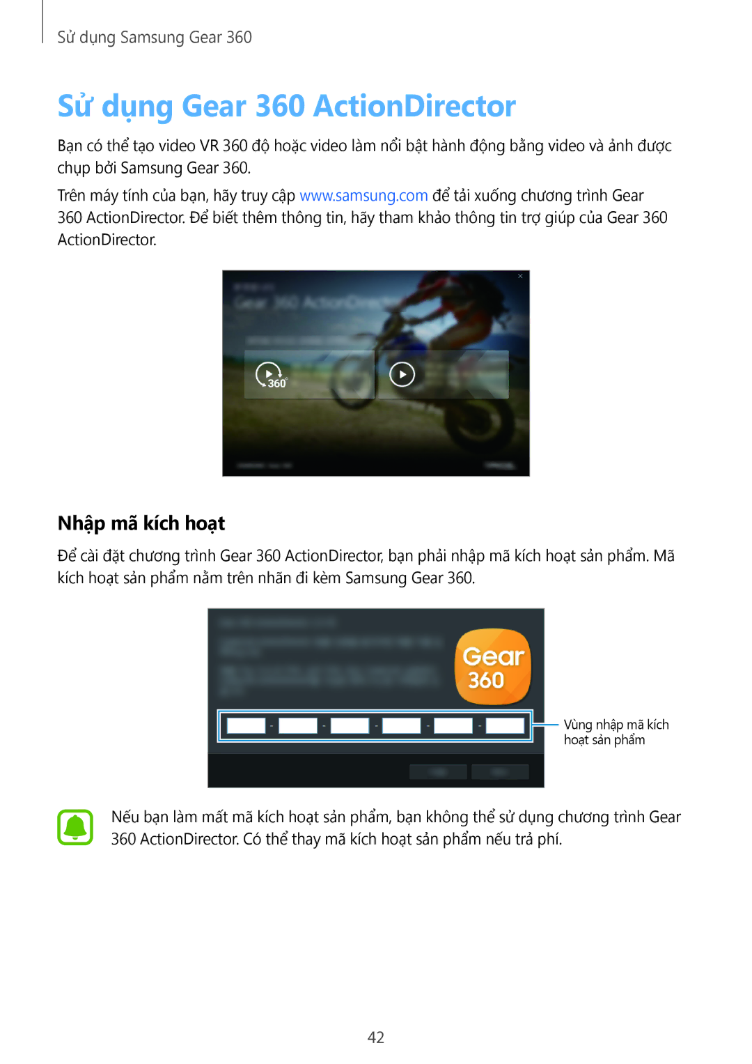 Samsung SM-C200NZWAXXV manual Sử dụng Gear 360 ActionDirector, Nhập mã kích hoạt 