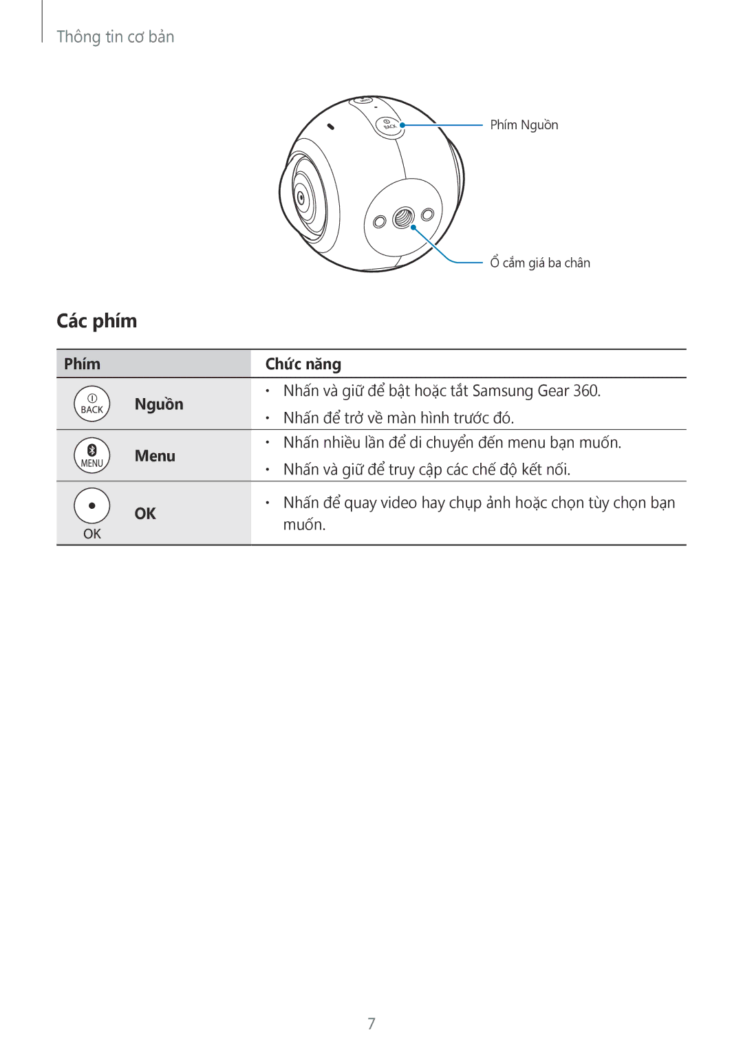 Samsung SM-C200NZWAXXV manual Các phím, Phím Chức năng Nguồn, Menu 