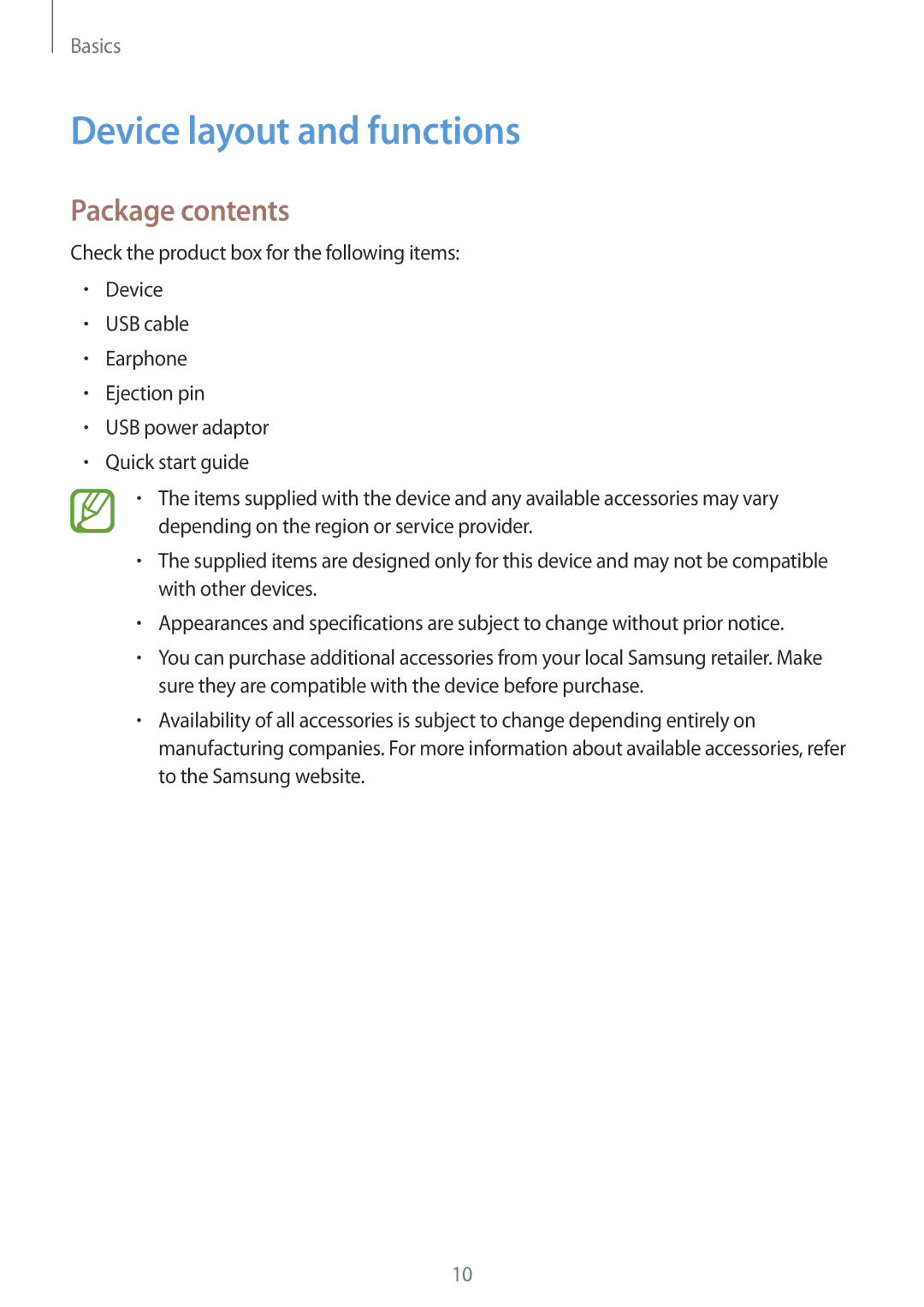 Samsung SM-C710FZKDXEV, SM-C710FZKDXXV, SM-C710FZDDXXV manual Device layout and functions, Package contents 