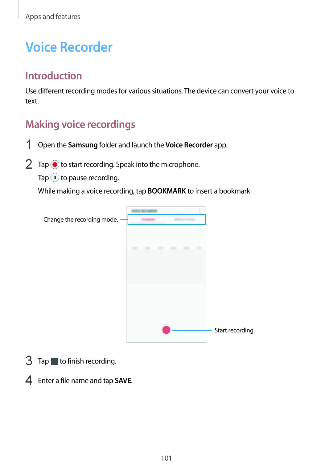 Samsung SM-C710FZDDXXV, SM-C710FZKDXXV, SM-C710FZKDXEV manual Voice Recorder, Making voice recordings 