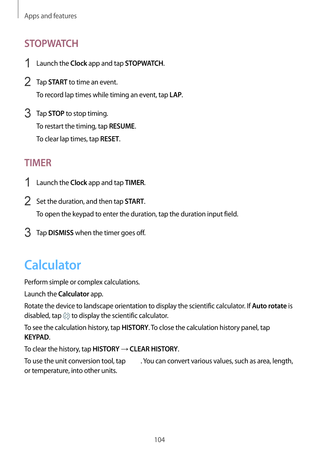 Samsung SM-C710FZDDXXV, SM-C710FZKDXXV, SM-C710FZKDXEV manual Calculator, Stopwatch 