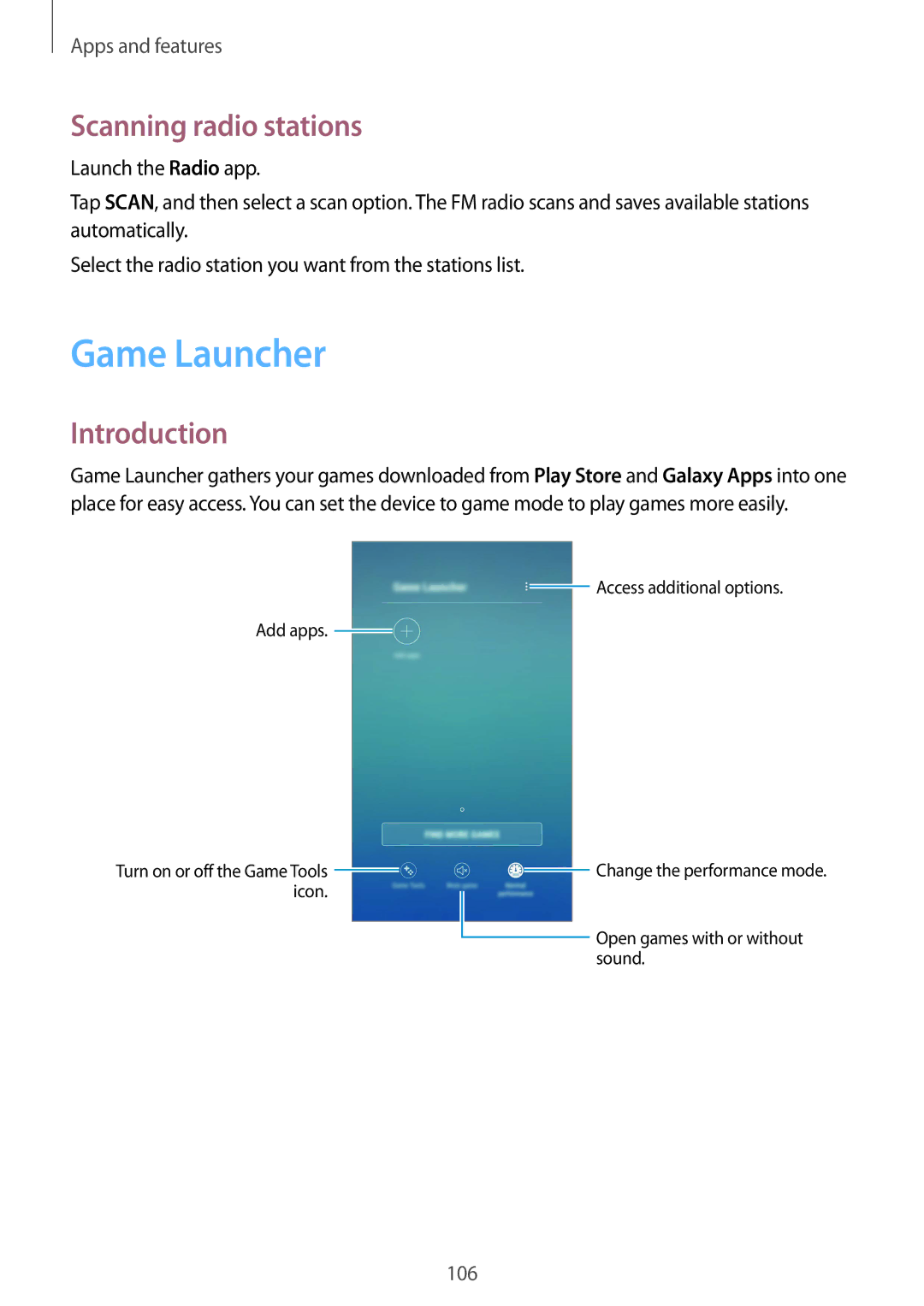 Samsung SM-C710FZKDXEV, SM-C710FZKDXXV, SM-C710FZDDXXV manual Game Launcher, Scanning radio stations 