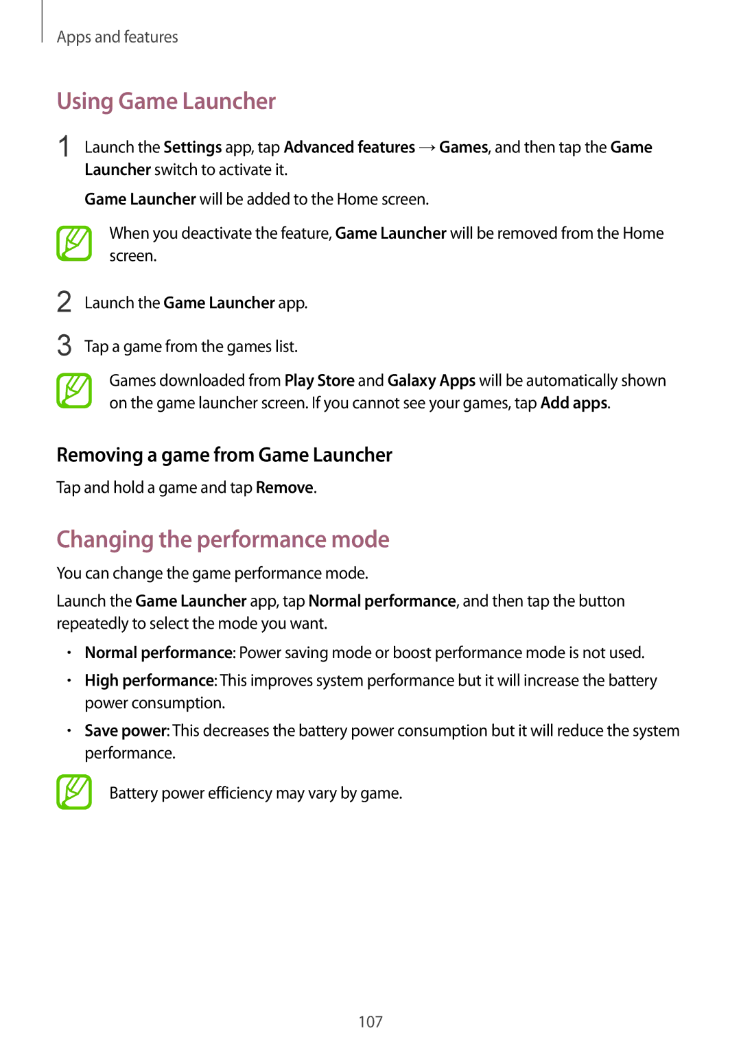 Samsung SM-C710FZDDXXV manual Using Game Launcher, Changing the performance mode, Removing a game from Game Launcher 