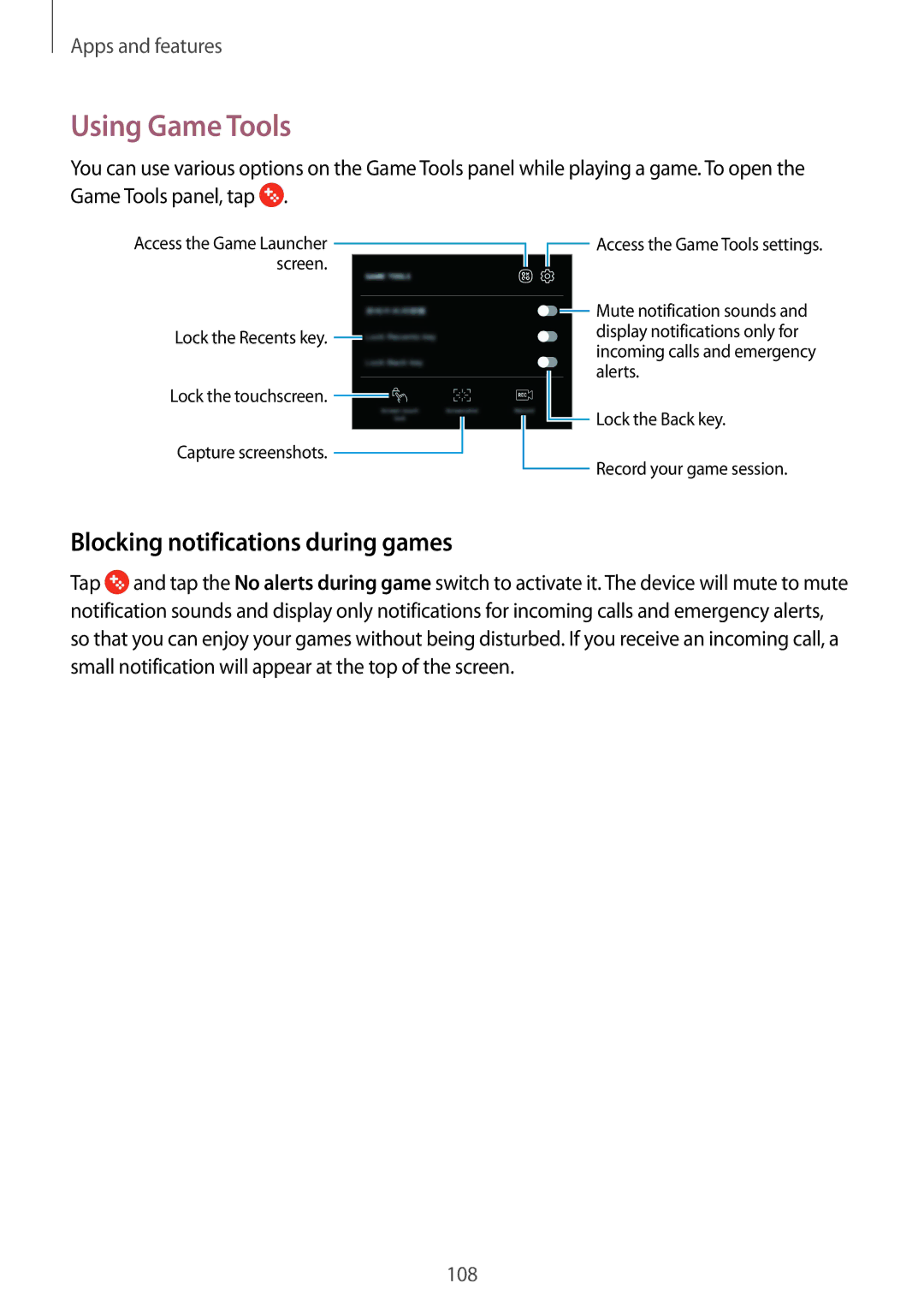 Samsung SM-C710FZKDXXV, SM-C710FZKDXEV, SM-C710FZDDXXV manual Using Game Tools, Blocking notifications during games 