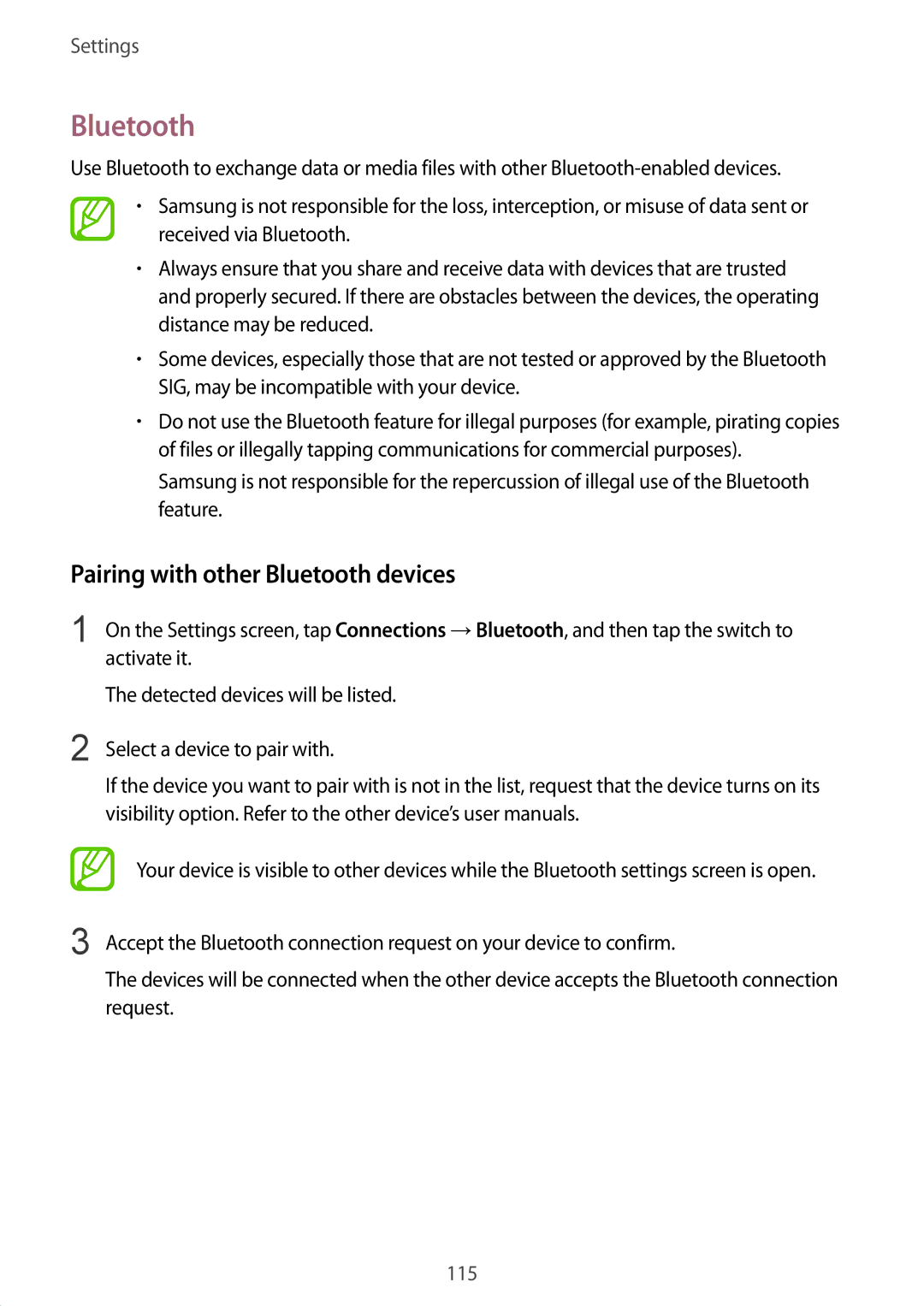 Samsung SM-C710FZKDXEV, SM-C710FZKDXXV, SM-C710FZDDXXV manual Pairing with other Bluetooth devices 