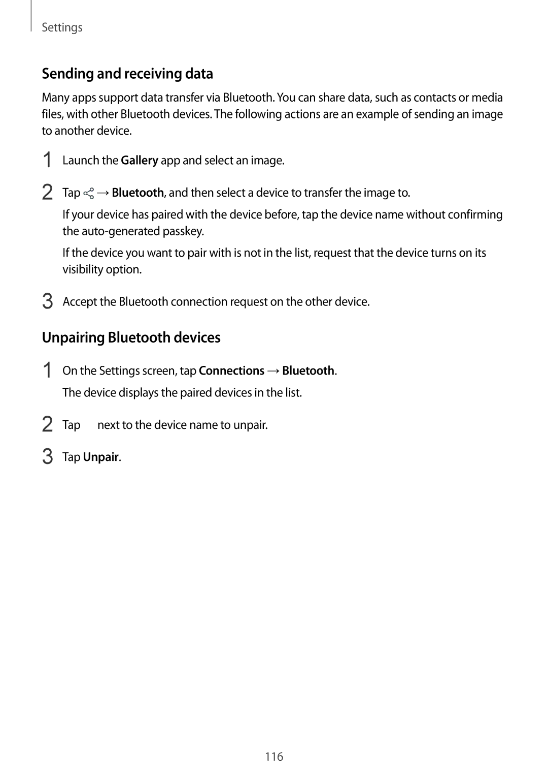 Samsung SM-C710FZDDXXV, SM-C710FZKDXXV, SM-C710FZKDXEV Sending and receiving data, Unpairing Bluetooth devices, Tap Unpair 