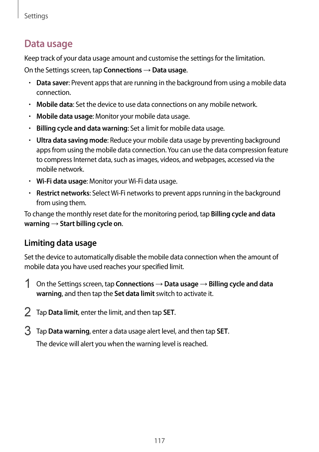 Samsung SM-C710FZKDXXV, SM-C710FZKDXEV, SM-C710FZDDXXV manual Data usage, Limiting data usage 