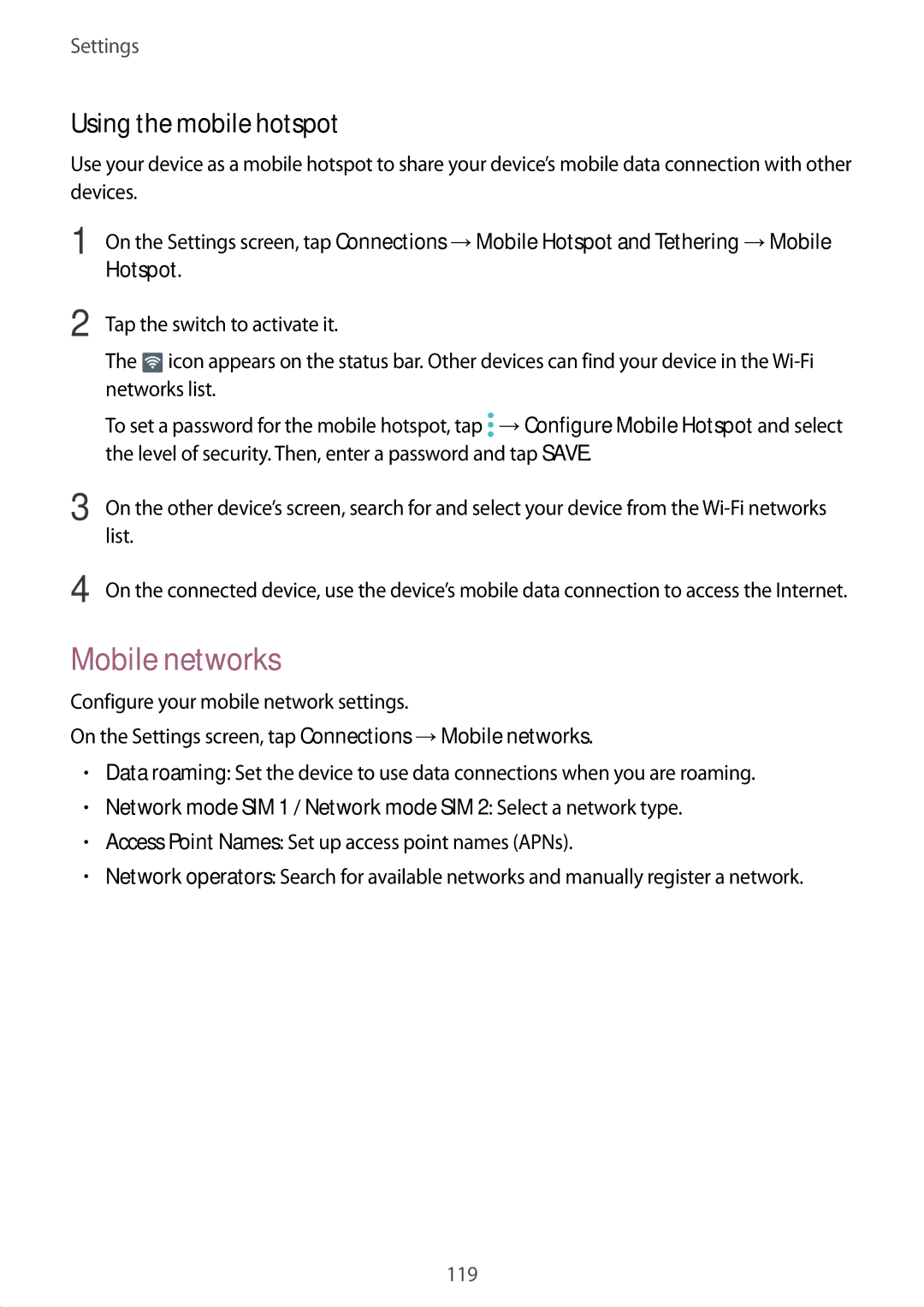 Samsung SM-C710FZDDXXV, SM-C710FZKDXXV, SM-C710FZKDXEV manual Mobile networks, Using the mobile hotspot 