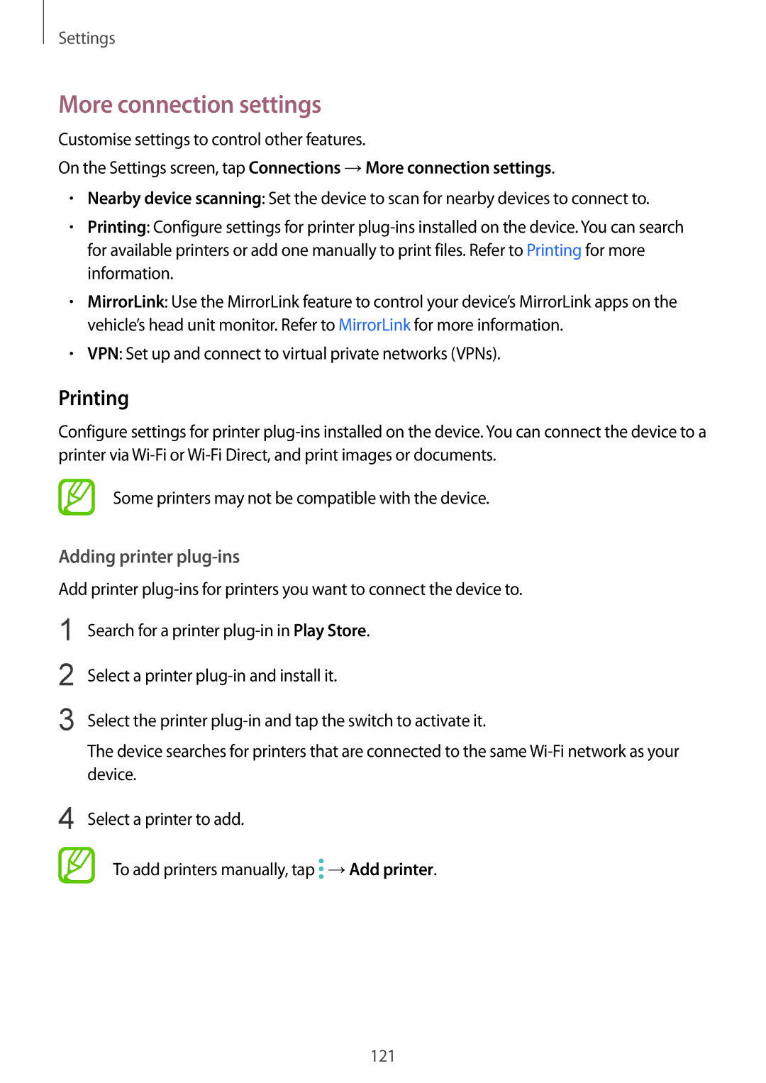 Samsung SM-C710FZKDXEV, SM-C710FZKDXXV, SM-C710FZDDXXV manual More connection settings, Printing, Adding printer plug-ins 