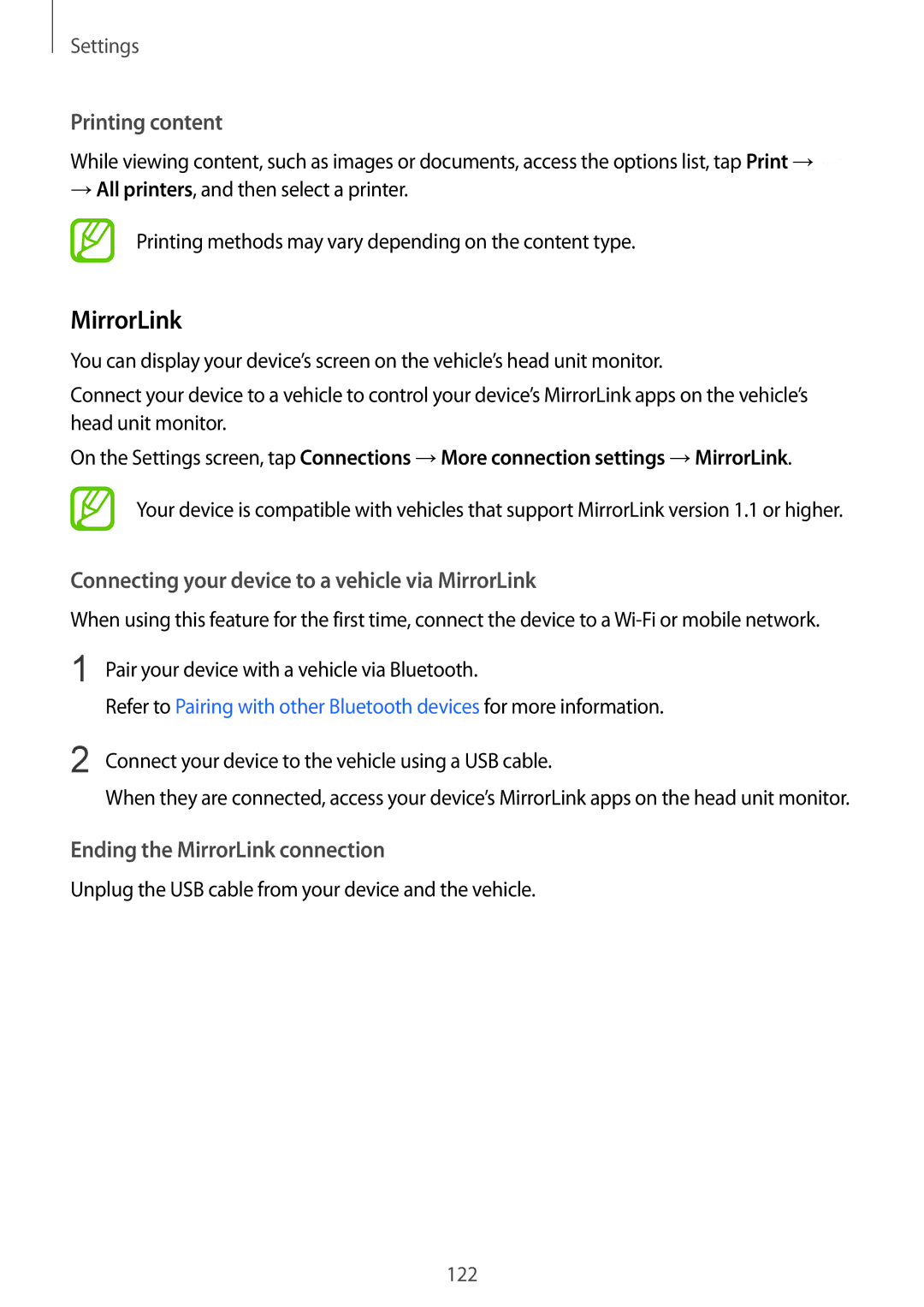 Samsung SM-C710FZDDXXV, SM-C710FZKDXXV manual Printing content, Connecting your device to a vehicle via MirrorLink 