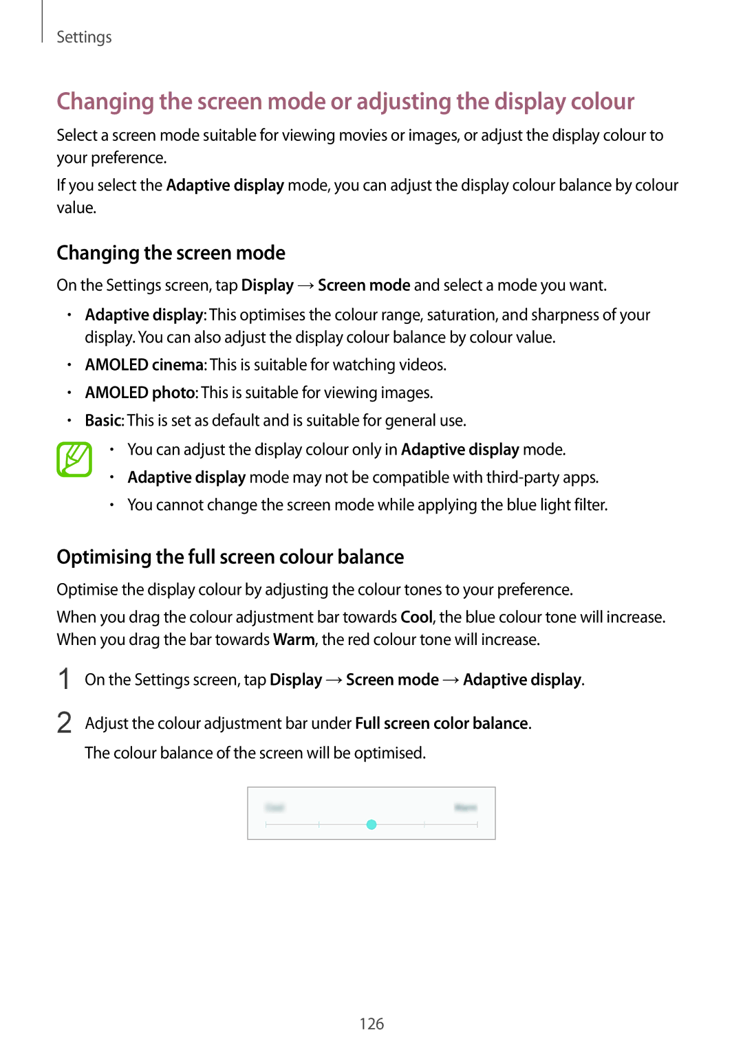 Samsung SM-C710FZKDXXV, SM-C710FZKDXEV, SM-C710FZDDXXV Changing the screen mode, Optimising the full screen colour balance 