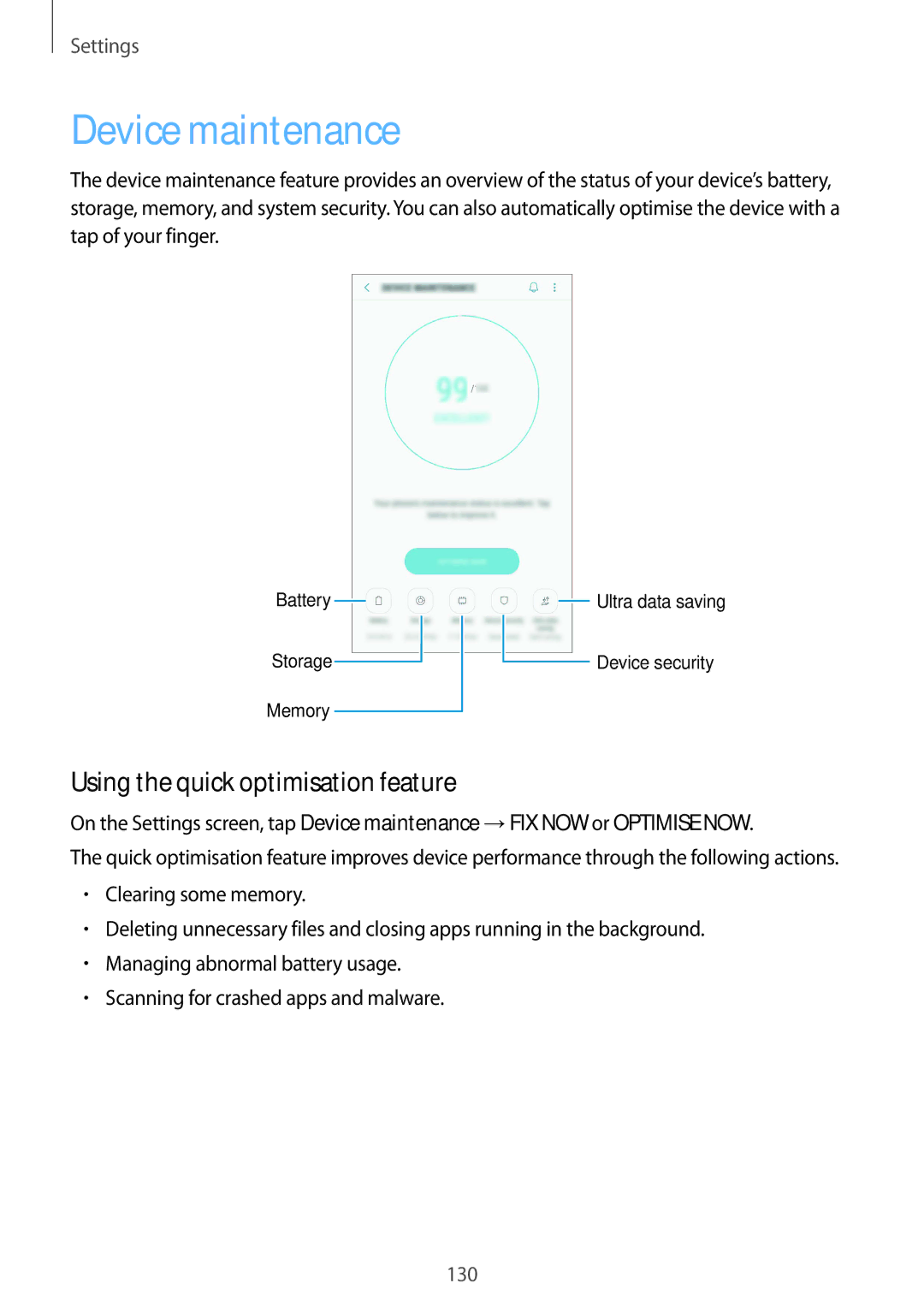 Samsung SM-C710FZKDXEV, SM-C710FZKDXXV, SM-C710FZDDXXV manual Device maintenance, Using the quick optimisation feature 