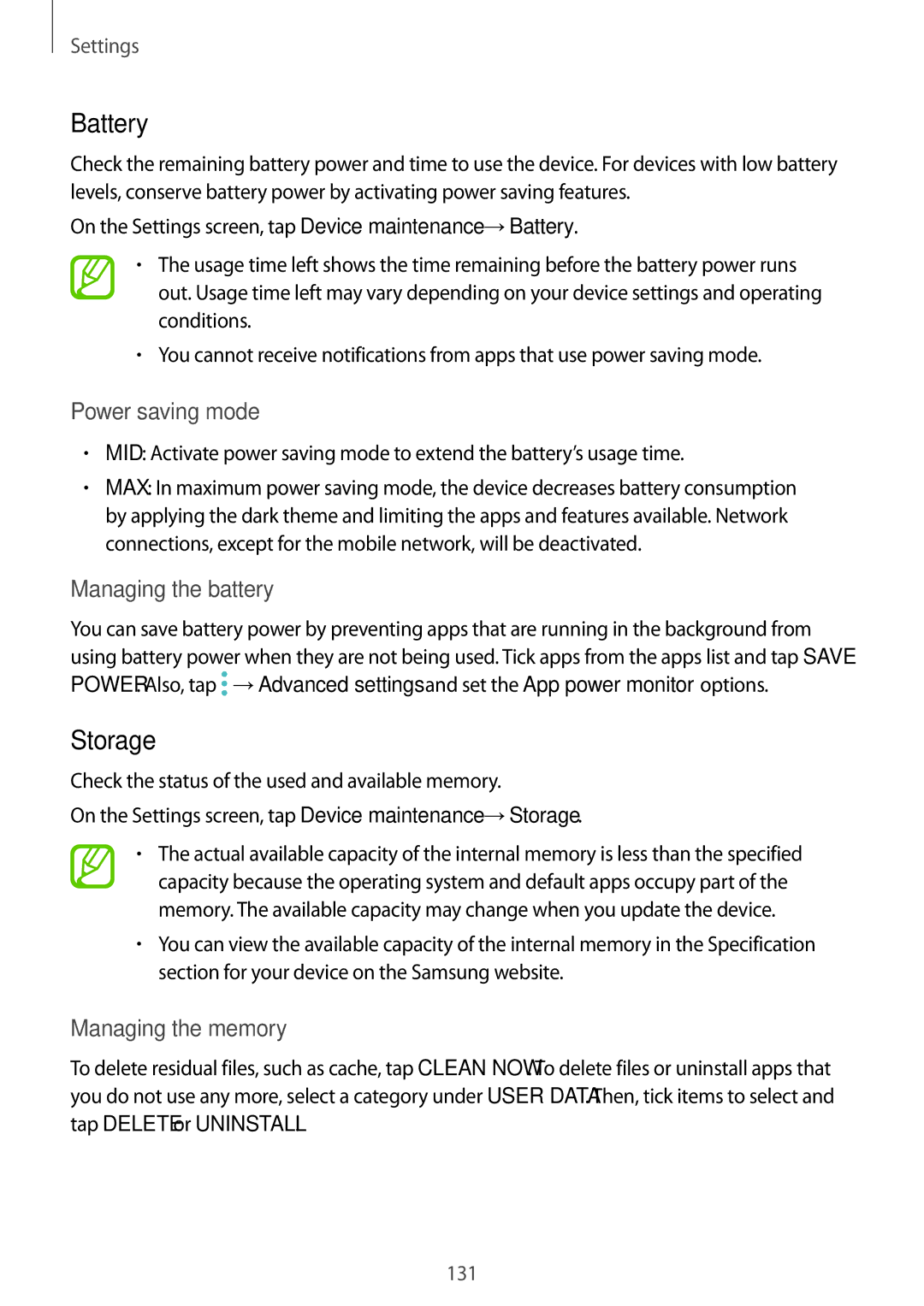 Samsung SM-C710FZDDXXV, SM-C710FZKDXXV manual Battery, Storage, Power saving mode, Managing the battery, Managing the memory 