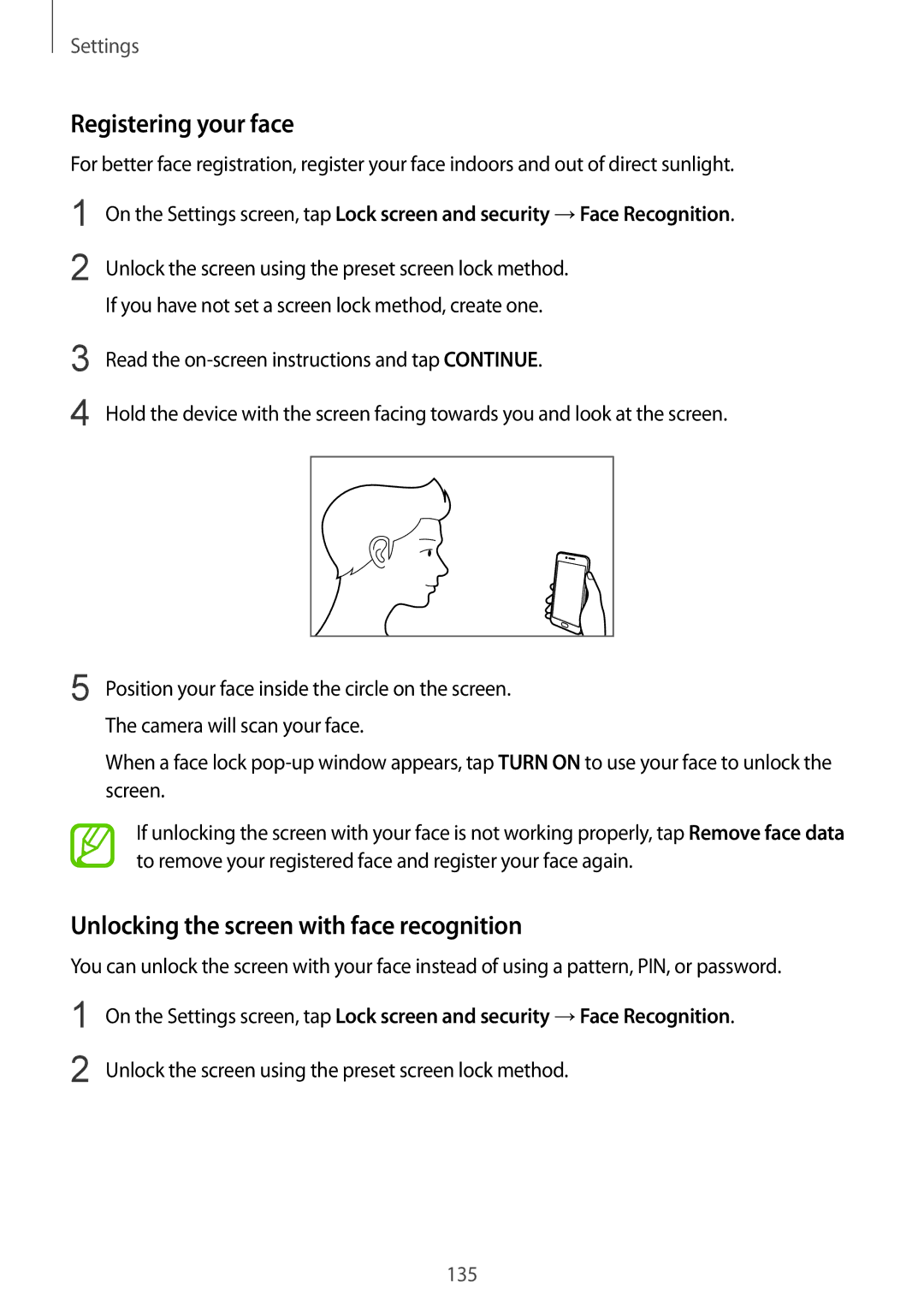 Samsung SM-C710FZKDXXV, SM-C710FZKDXEV, SM-C710FZDDXXV Registering your face, Unlocking the screen with face recognition 