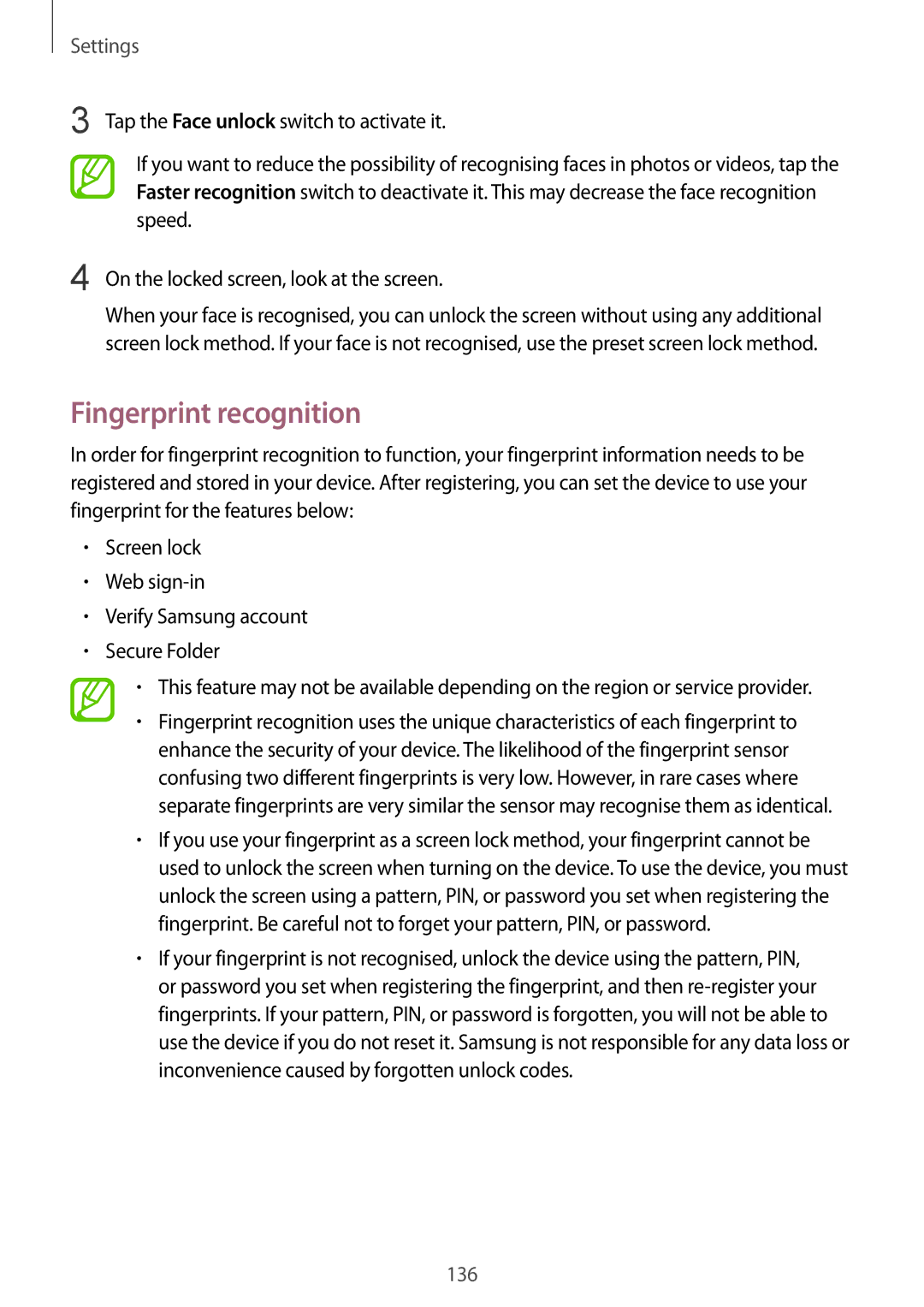 Samsung SM-C710FZKDXEV, SM-C710FZKDXXV, SM-C710FZDDXXV manual Fingerprint recognition 