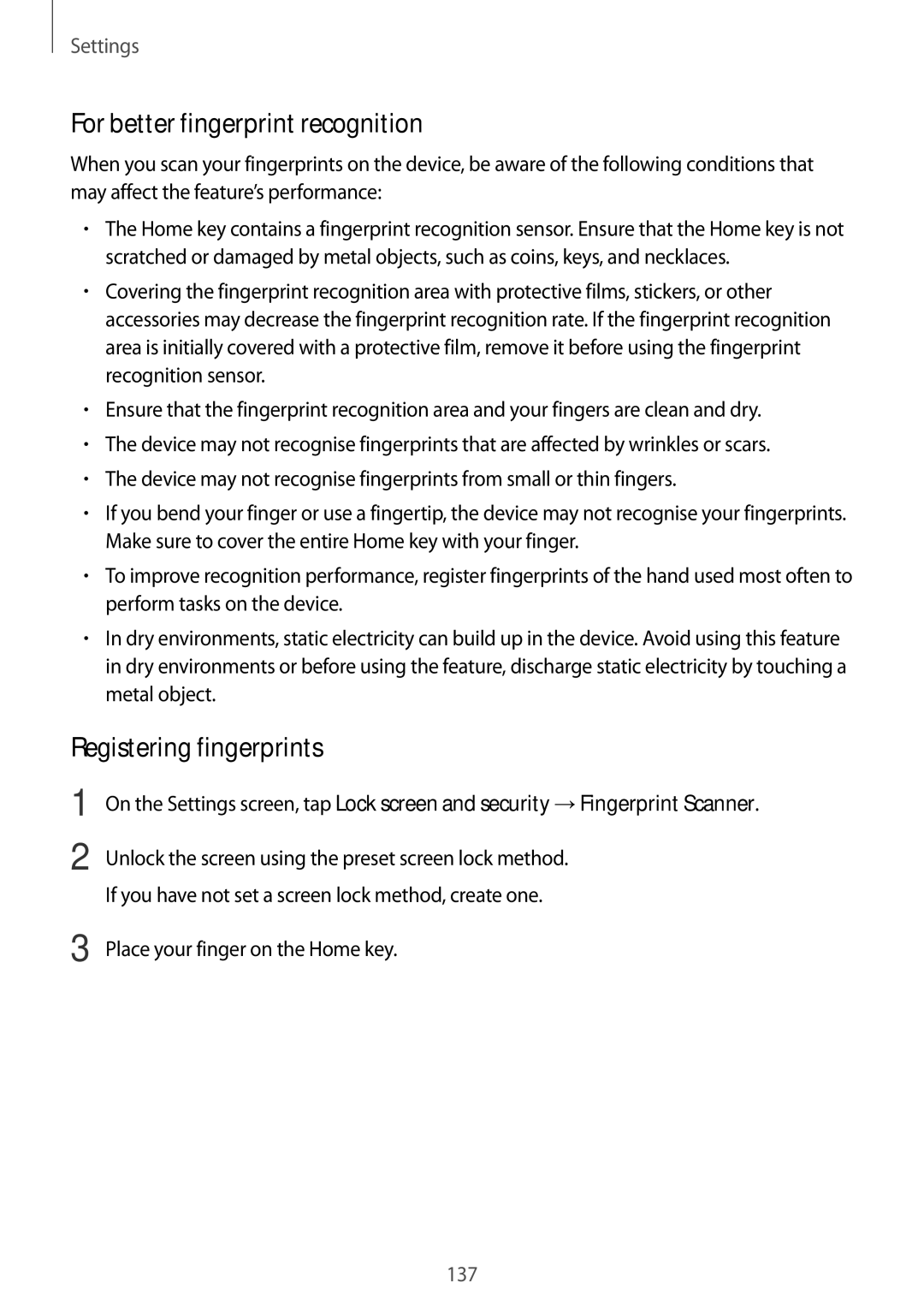 Samsung SM-C710FZDDXXV, SM-C710FZKDXXV, SM-C710FZKDXEV manual For better fingerprint recognition, Registering fingerprints 