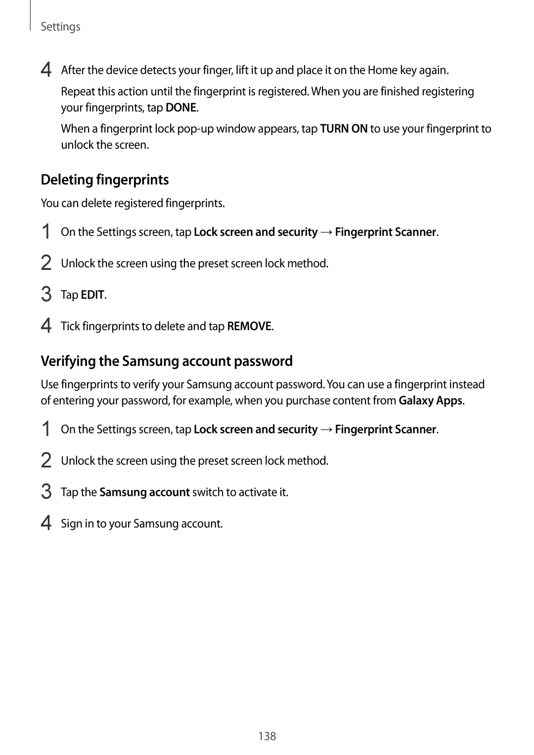 Samsung SM-C710FZKDXXV, SM-C710FZKDXEV, SM-C710FZDDXXV manual Deleting fingerprints, Verifying the Samsung account password 